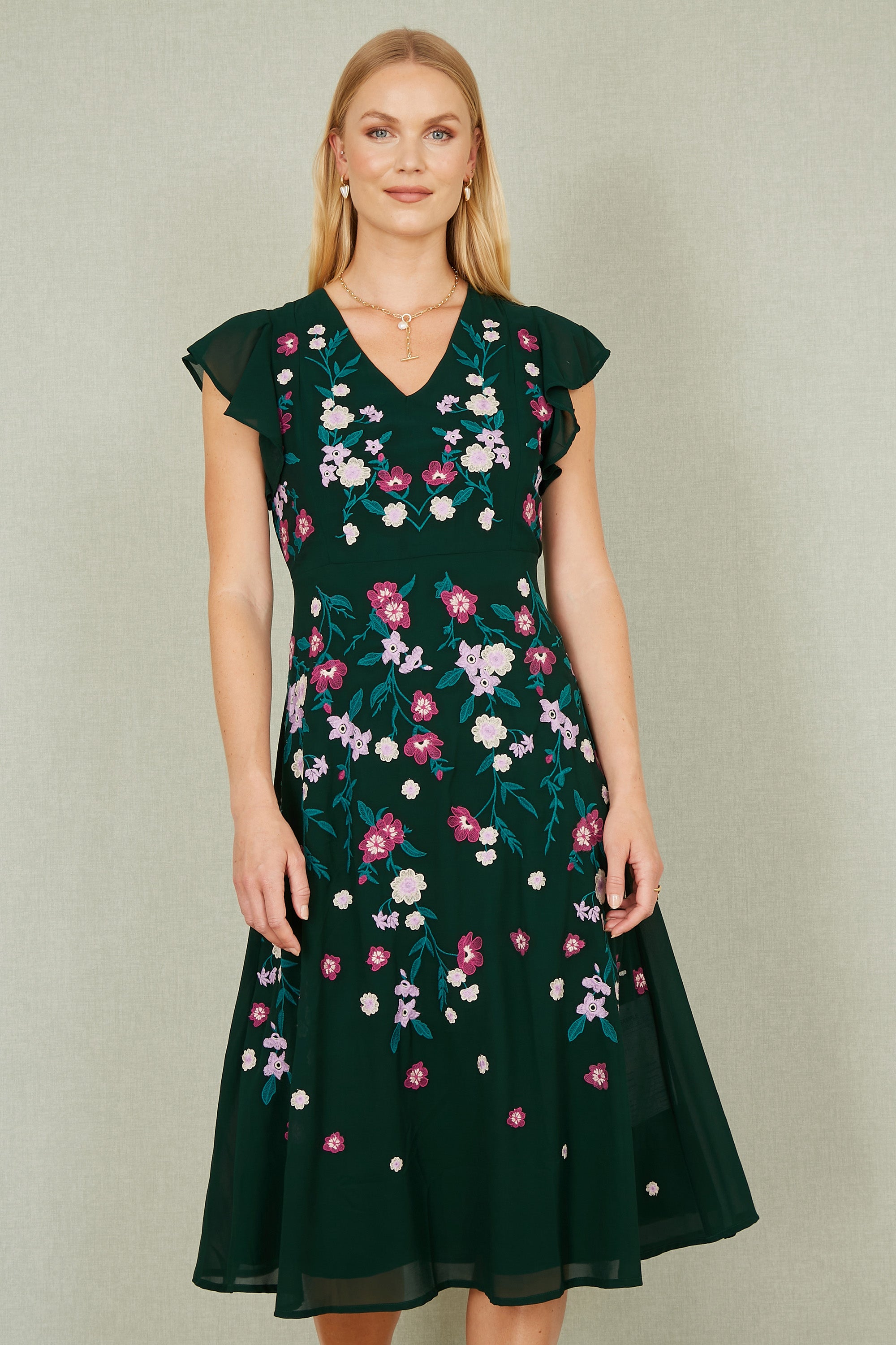 All Over Floral Embroidery Midi Skater Dress