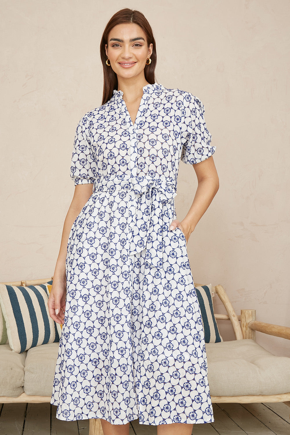 Blue Cotton Broderie Anglaise Midi Shirt Dress