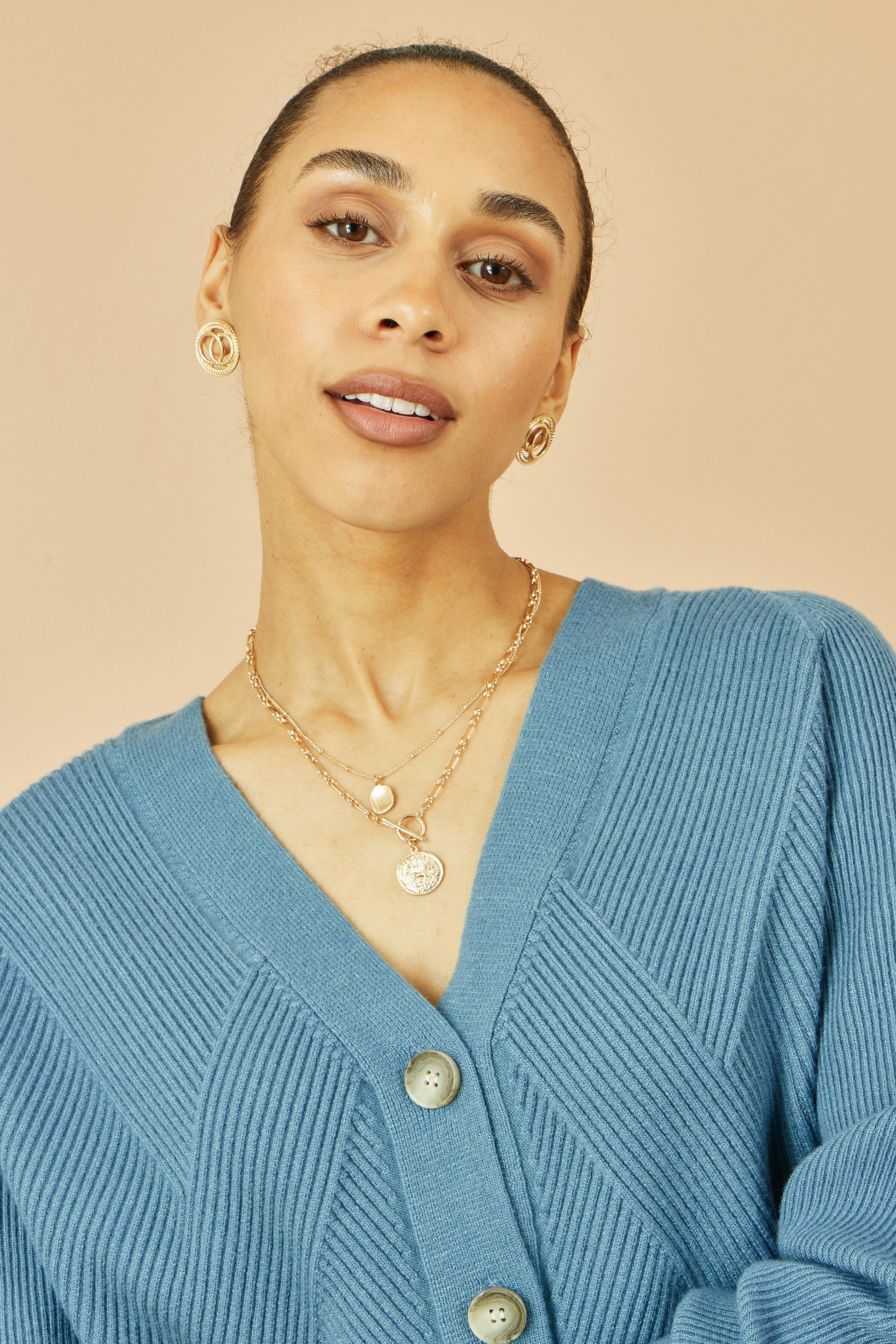 Yumi Blue Relaxed Fit Cardigan With Stitch Detail Knit Cardigan Yumi