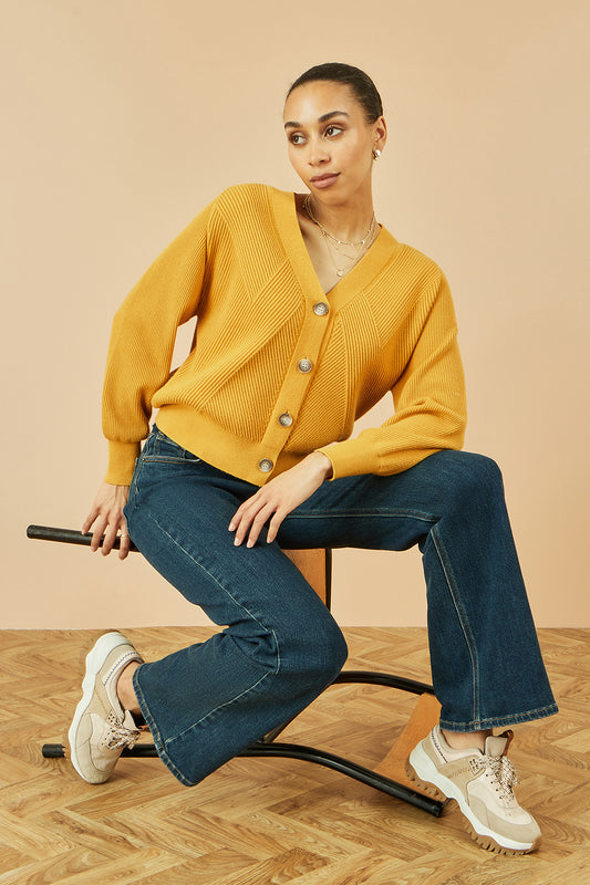 Yumi Mustard Relaxed Fit Cardigan With Stitch Detail Knit Cardigan Yumi