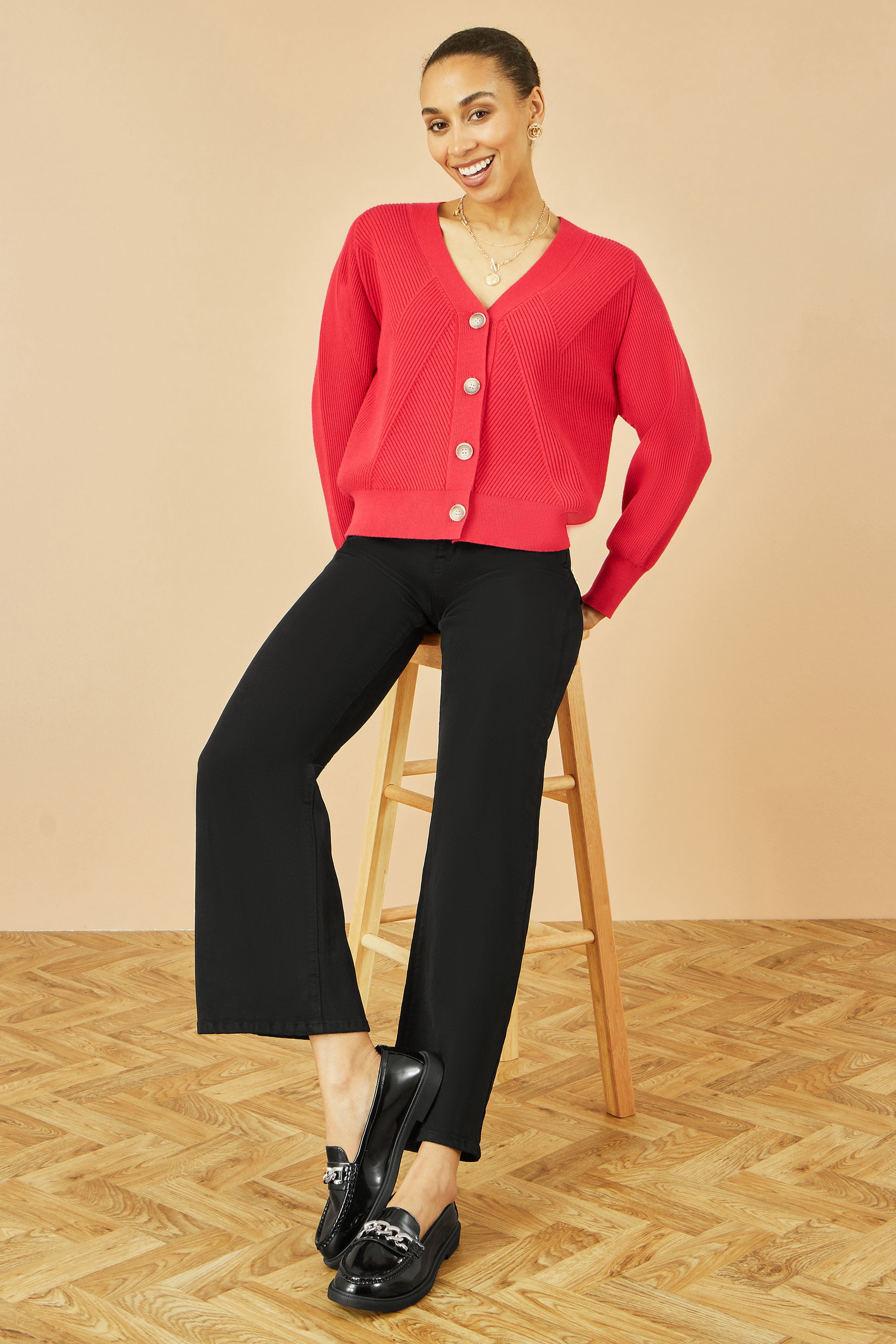 Yumi Red Relaxed Fit Cardigan With Stitch Detail Knit Cardigan Yumi