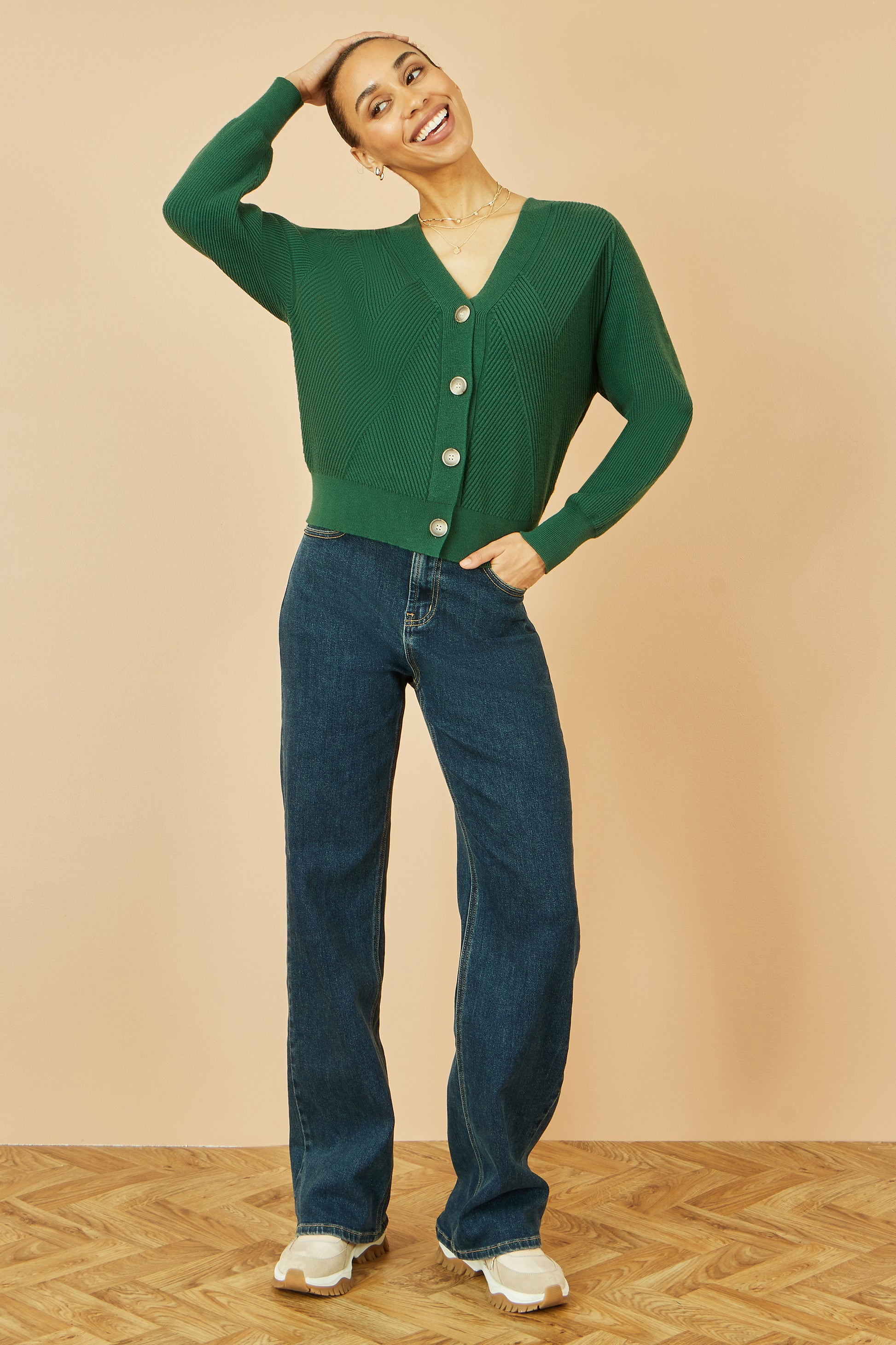 Yumi Green Relaxed Fit Cardigan With Stitch Detail Knit Cardigan Yumi