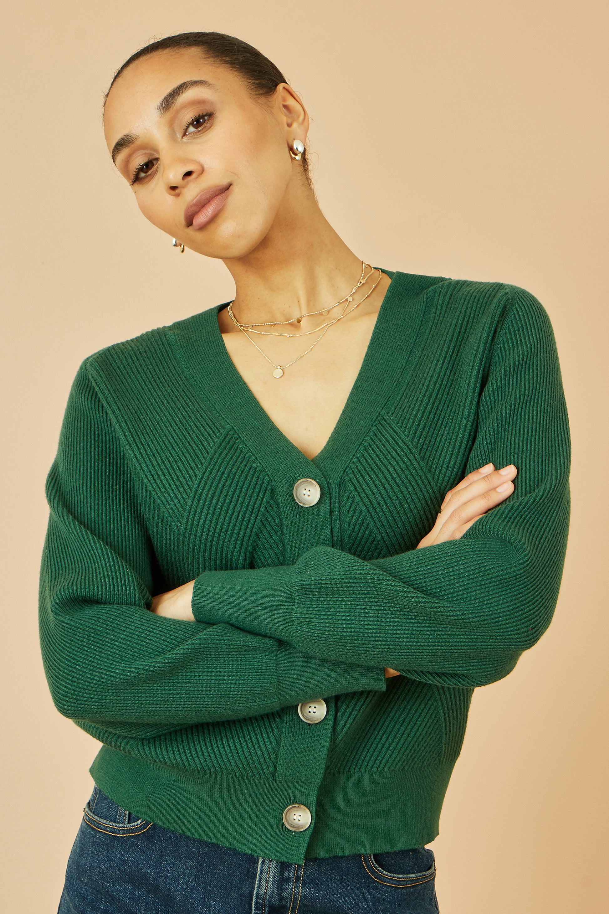 Yumi Green Relaxed Fit Cardigan With Stitch Detail Knit Cardigan Yumi