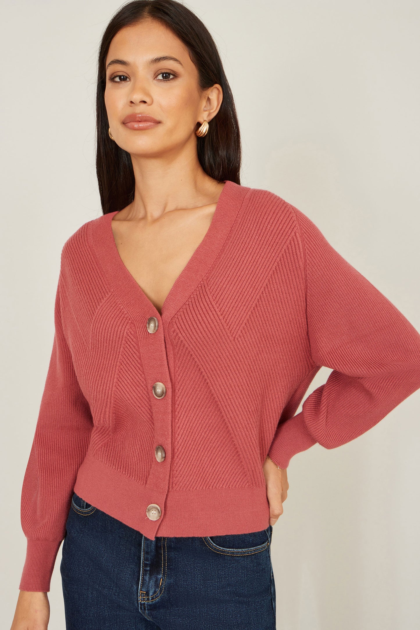 Yumi Rose Pink Relaxed Fit Cardigan With Stitch Detail Knit Cardigan Yumi