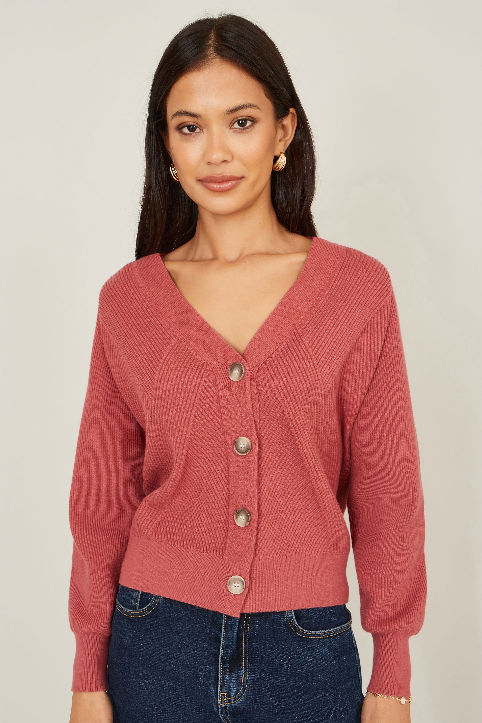 Yumi Rose Pink Relaxed Fit Cardigan With Stitch Detail Knit Cardigan Yumi