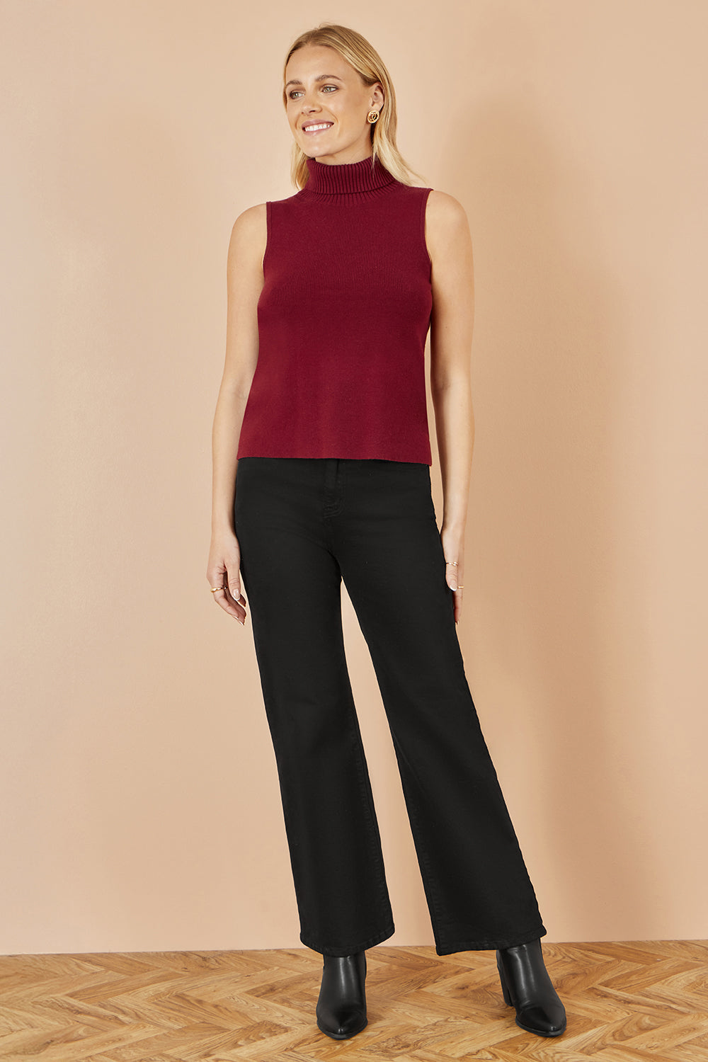 Yumi Burgundy Knitted Roll Neck Sleeveless Jumper Knit Jumper Yumi