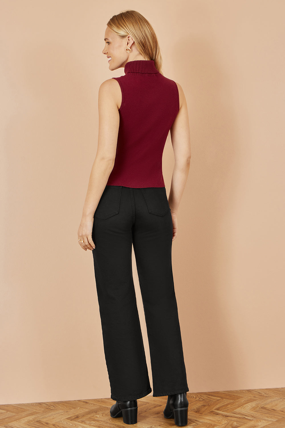 Yumi Burgundy Knitted Roll Neck Sleeveless Jumper Knit Jumper Yumi