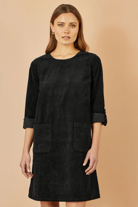 Yumi Black Cord Tunic Dress With 3/4 Sleeves And Pockets Dress Casual Yumi