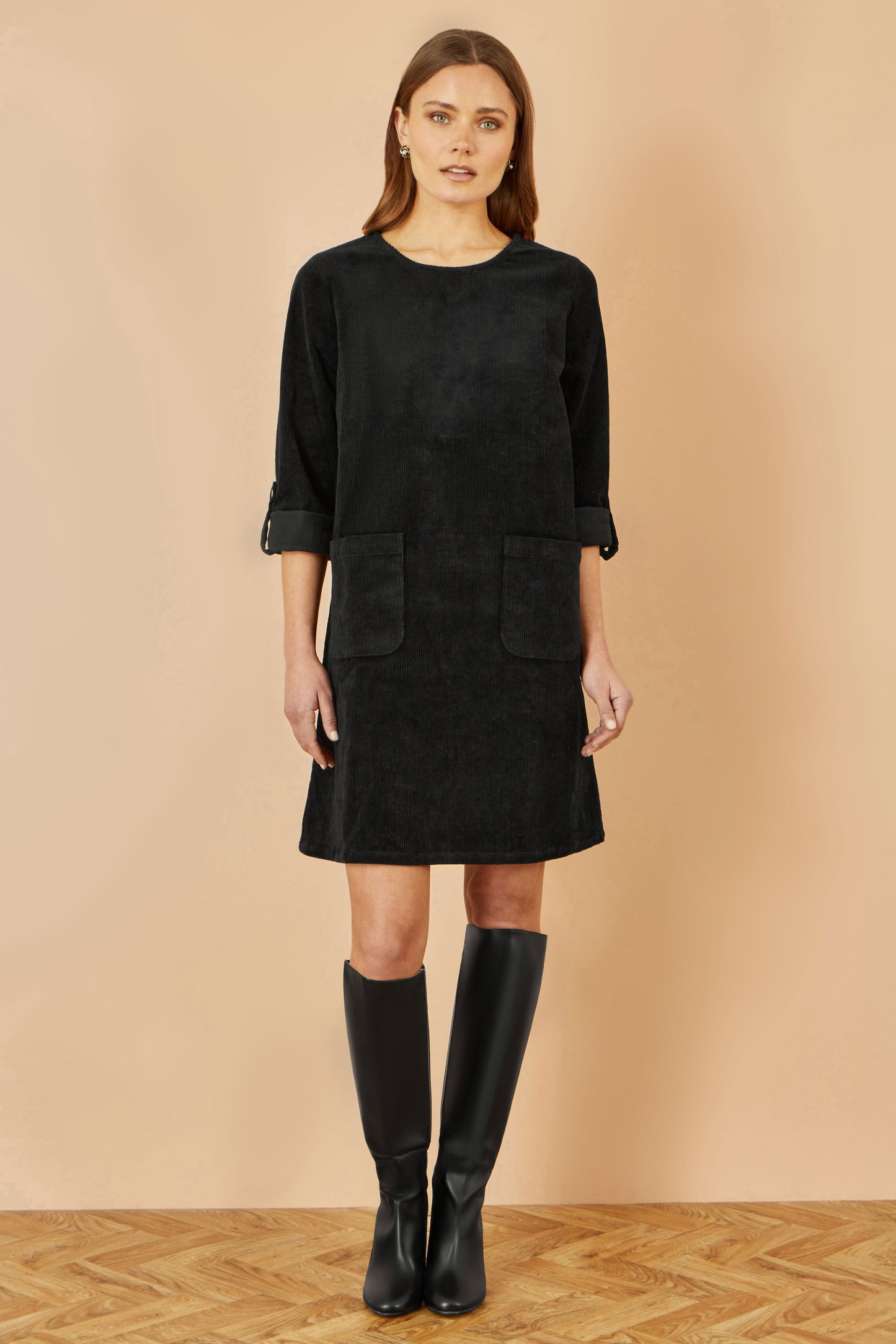 Yumi Black Cord Tunic Dress With 3/4 Sleeves And Pockets Dress Casual Yumi