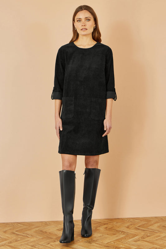 Yumi Black Cord Tunic Dress With 3/4 Sleeves And Pockets Dress Casual Yumi