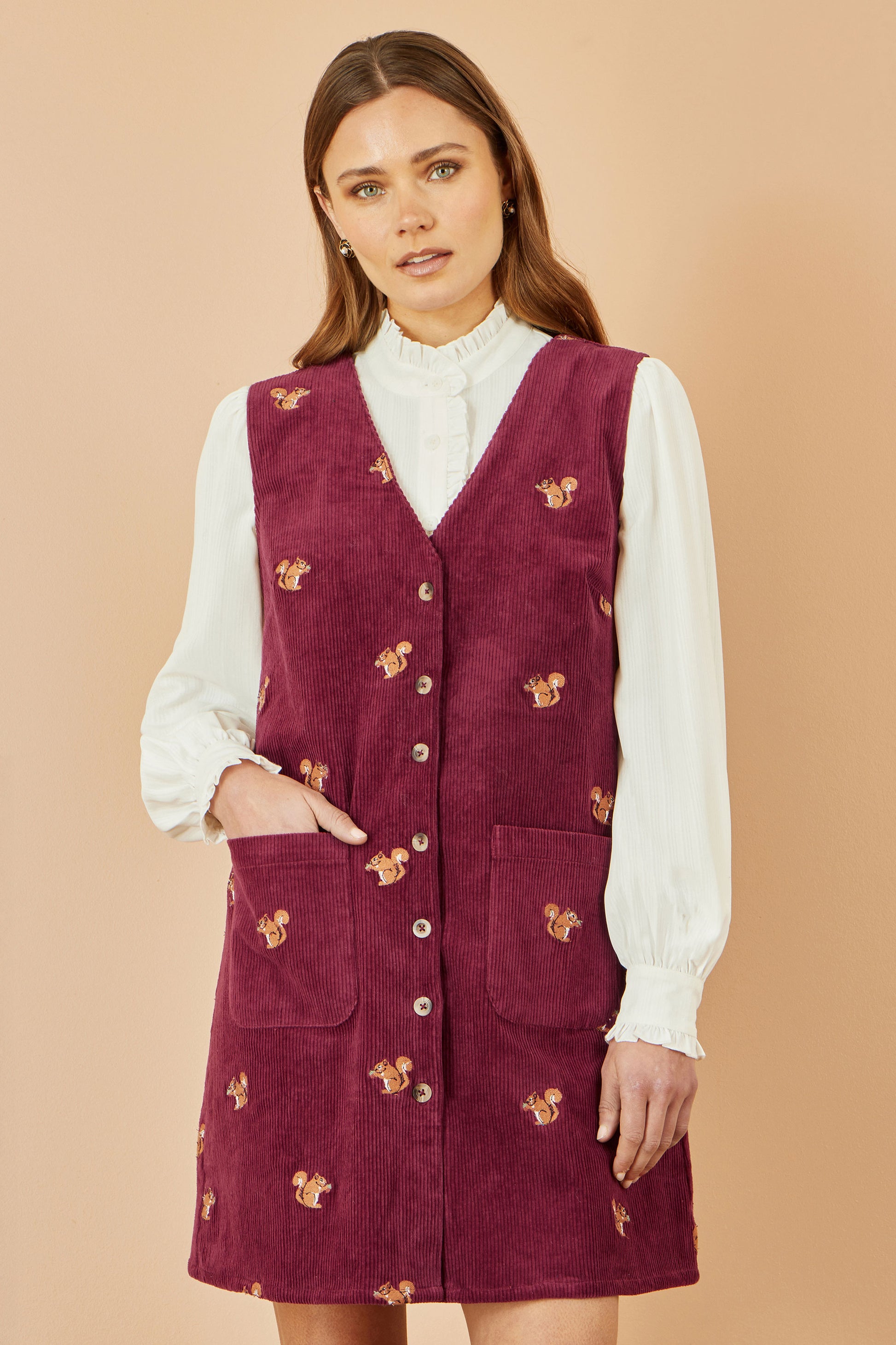 Yumi Burgundy Squirrel Embroidered Button Up Pinafore Dress Dress Casual Yumi