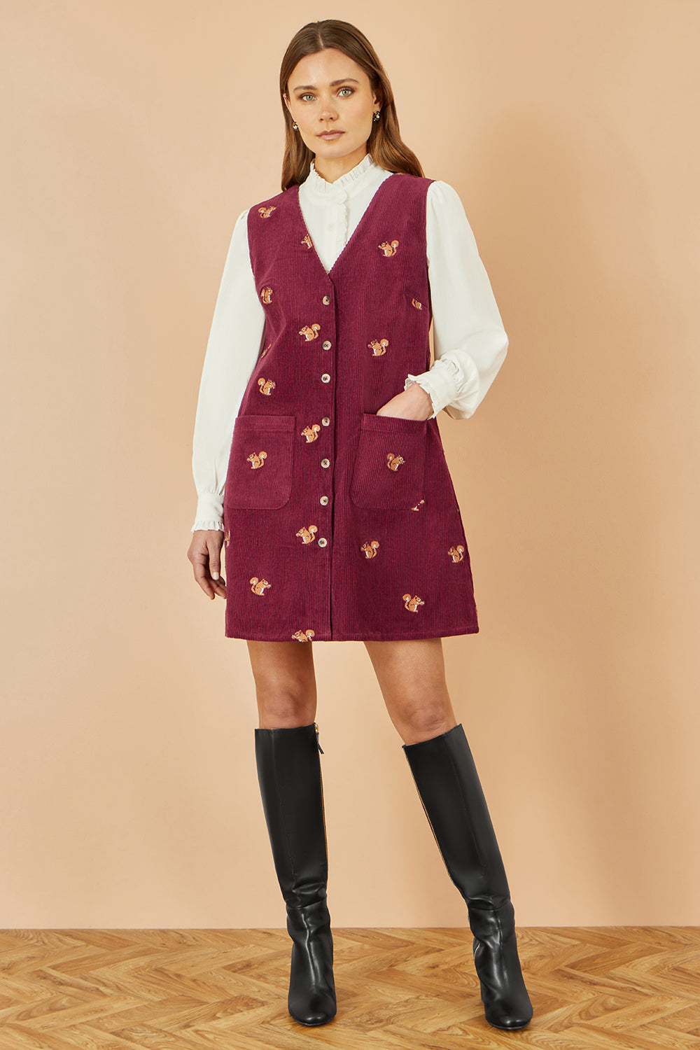 Yumi Burgundy Squirrel Embroidered Button Up Pinafore Dress Dress Casual Yumi