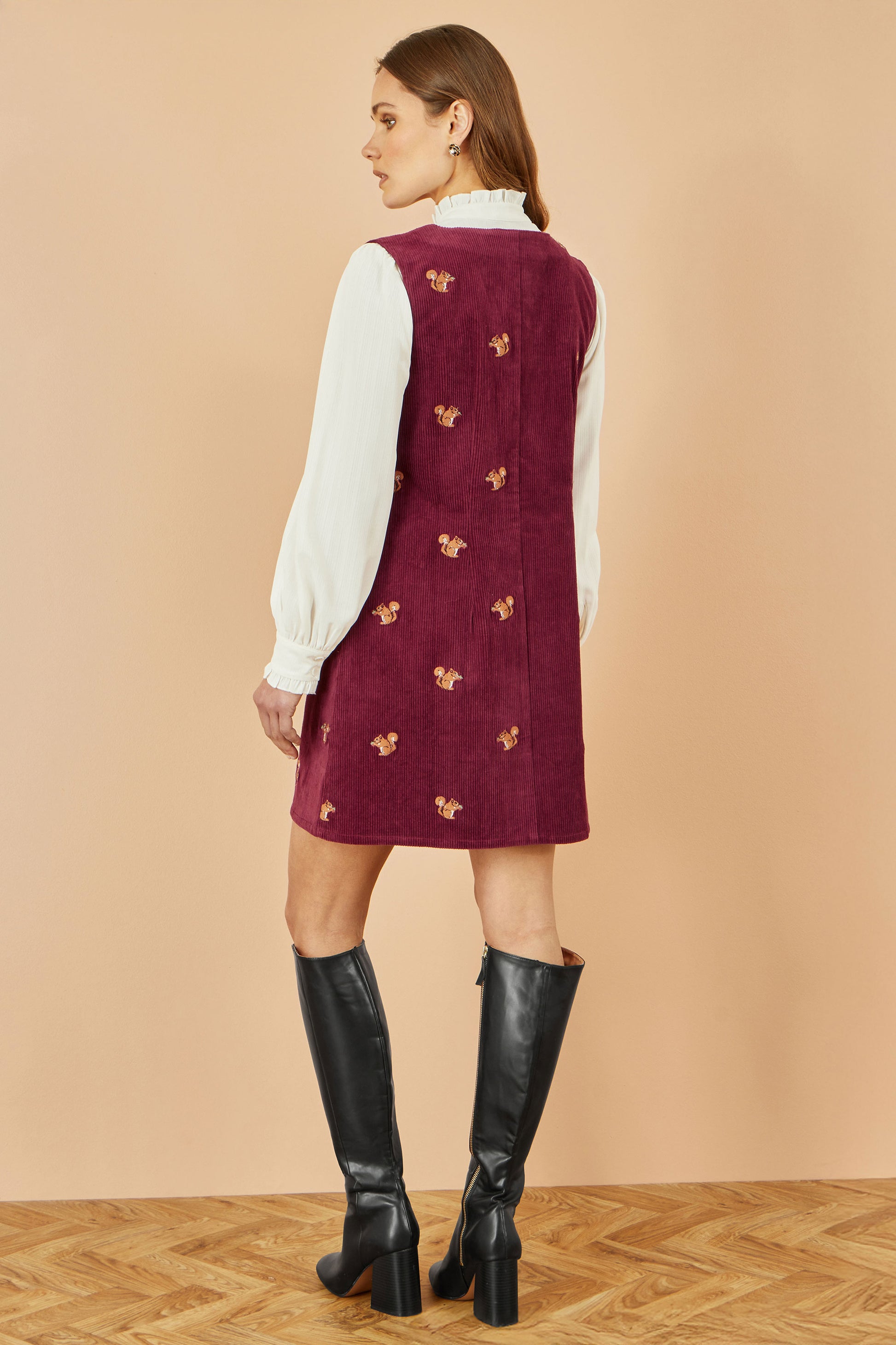 Yumi Burgundy Squirrel Embroidered Button Up Pinafore Dress Dress Casual Yumi