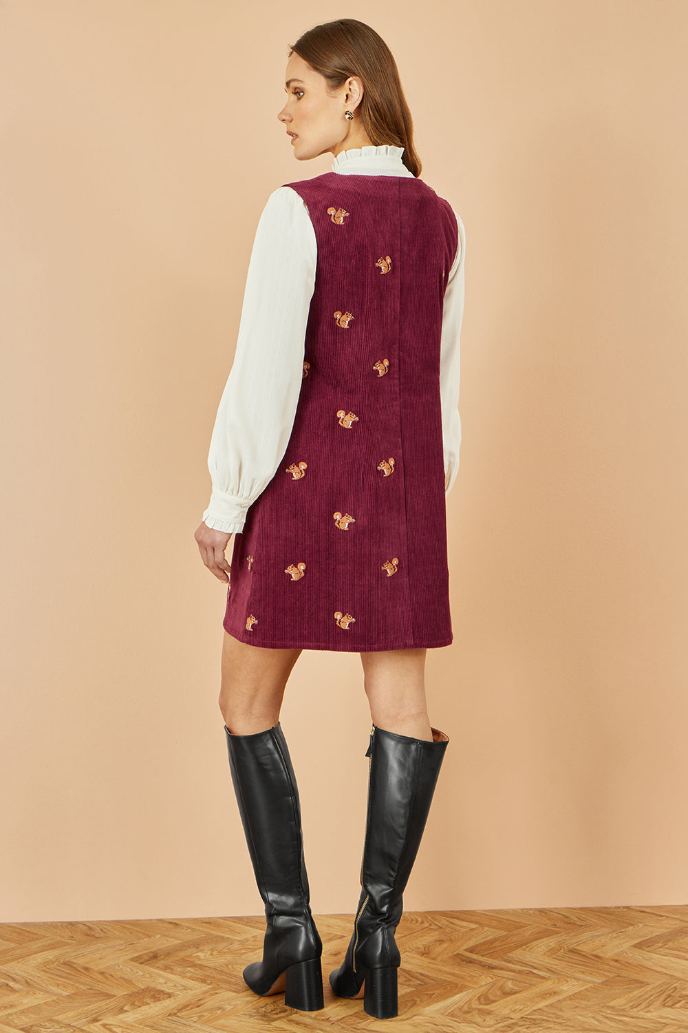 Yumi Burgundy Squirrel Embroidered Button Up Pinafore Dress Dress Casual Yumi