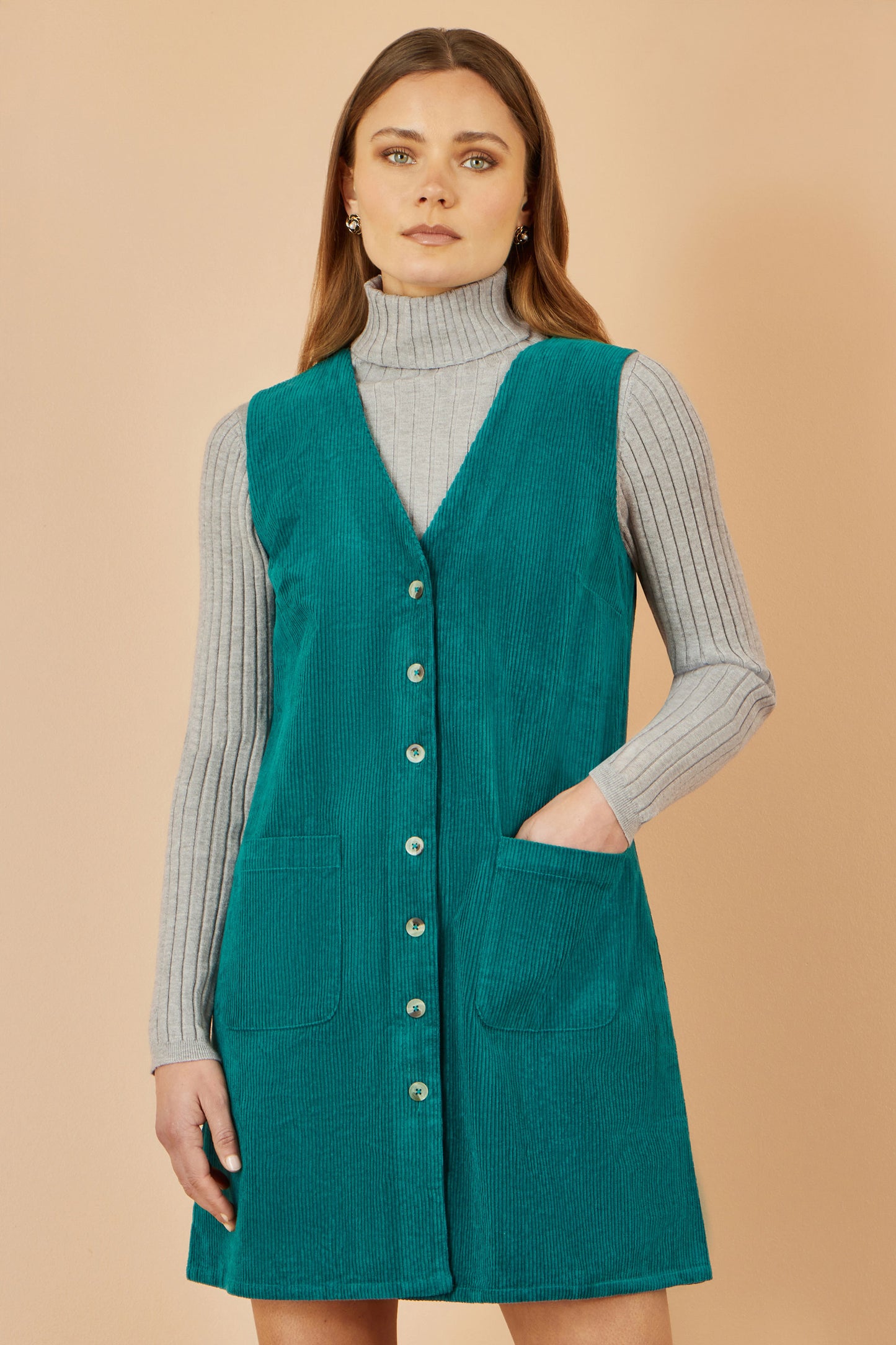 Yumi Teal Cord Button Through Pinafore Dress With Pockets Dress Casual Yumi