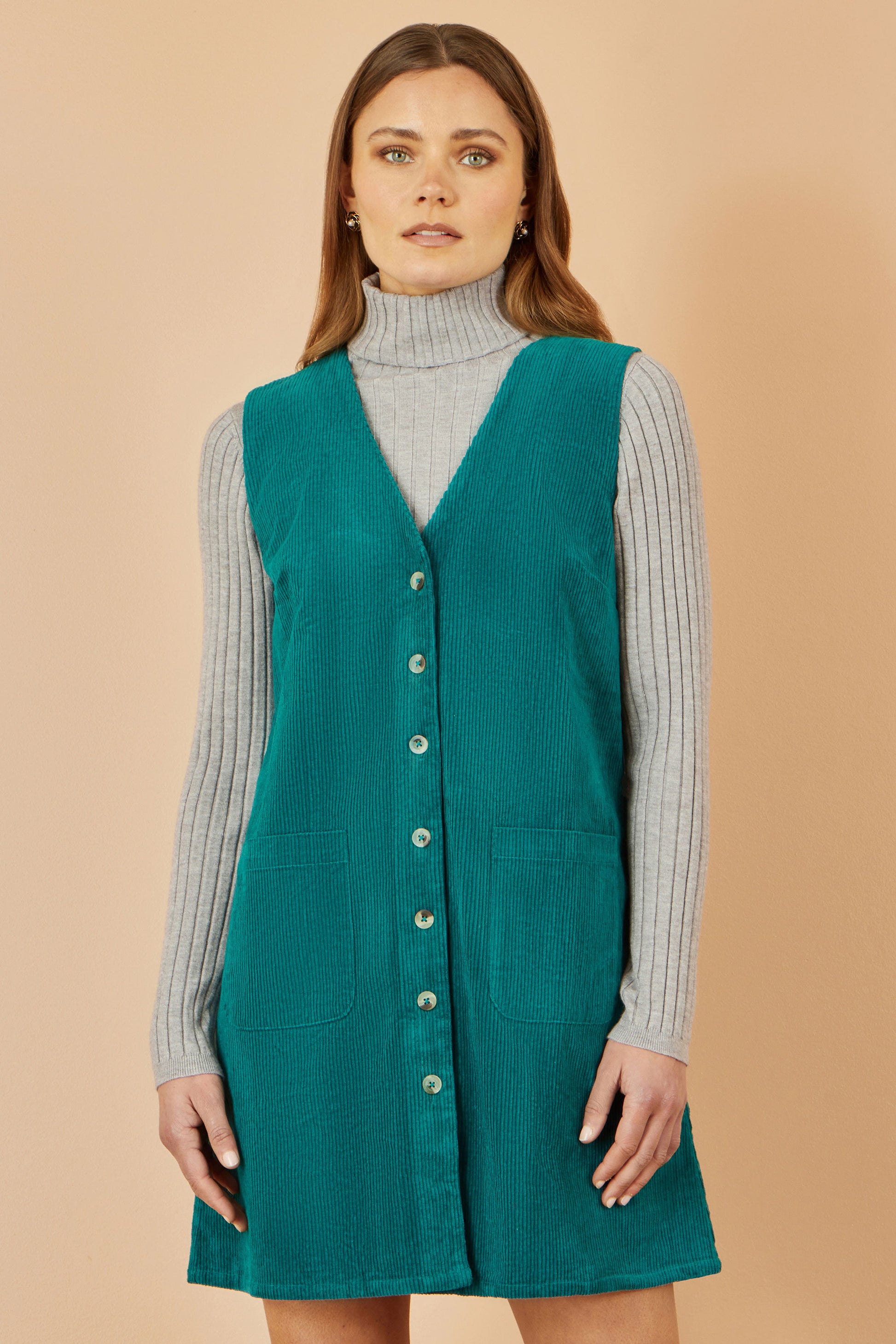 Yumi Teal Cord Button Through Pinafore Dress With Pockets Dress Casual Yumi