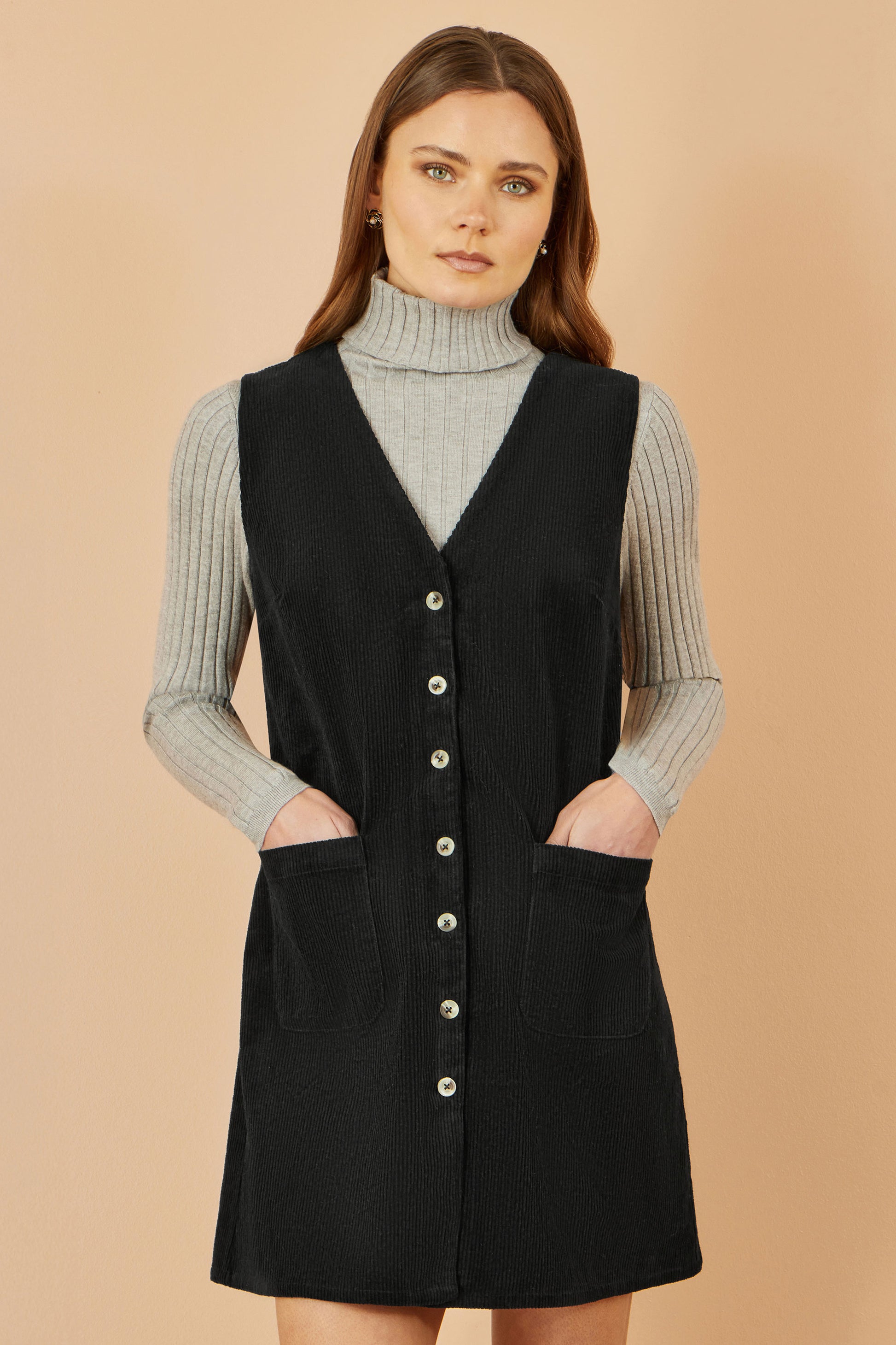 Yumi Black Cord Button Through Pinafore Dress With Pockets Dress Casual Yumi
