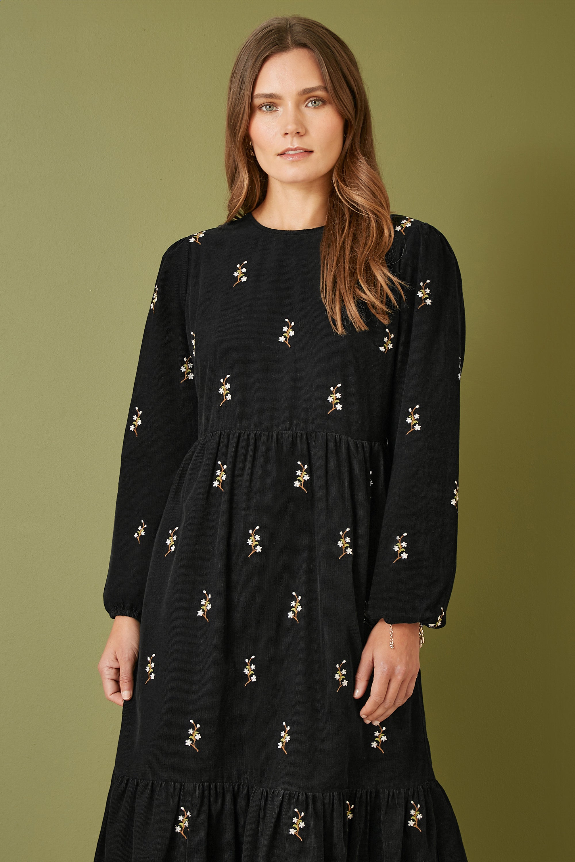Long Sleeve Midi Dress Floral Embroidery
