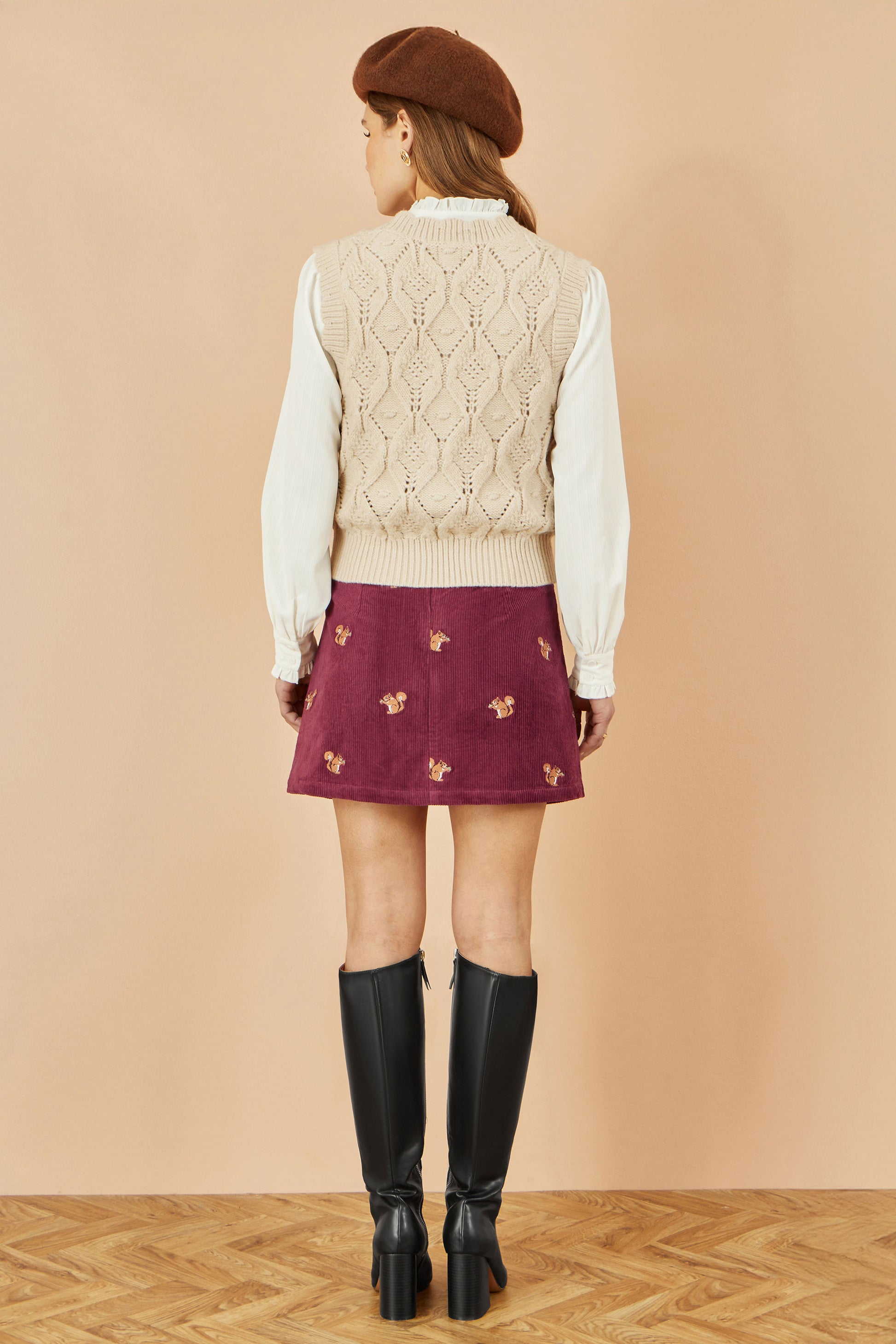 Yumi Burgundy Corduroy Embroidered Squirrel Mini Skirt SKIRT Yumi