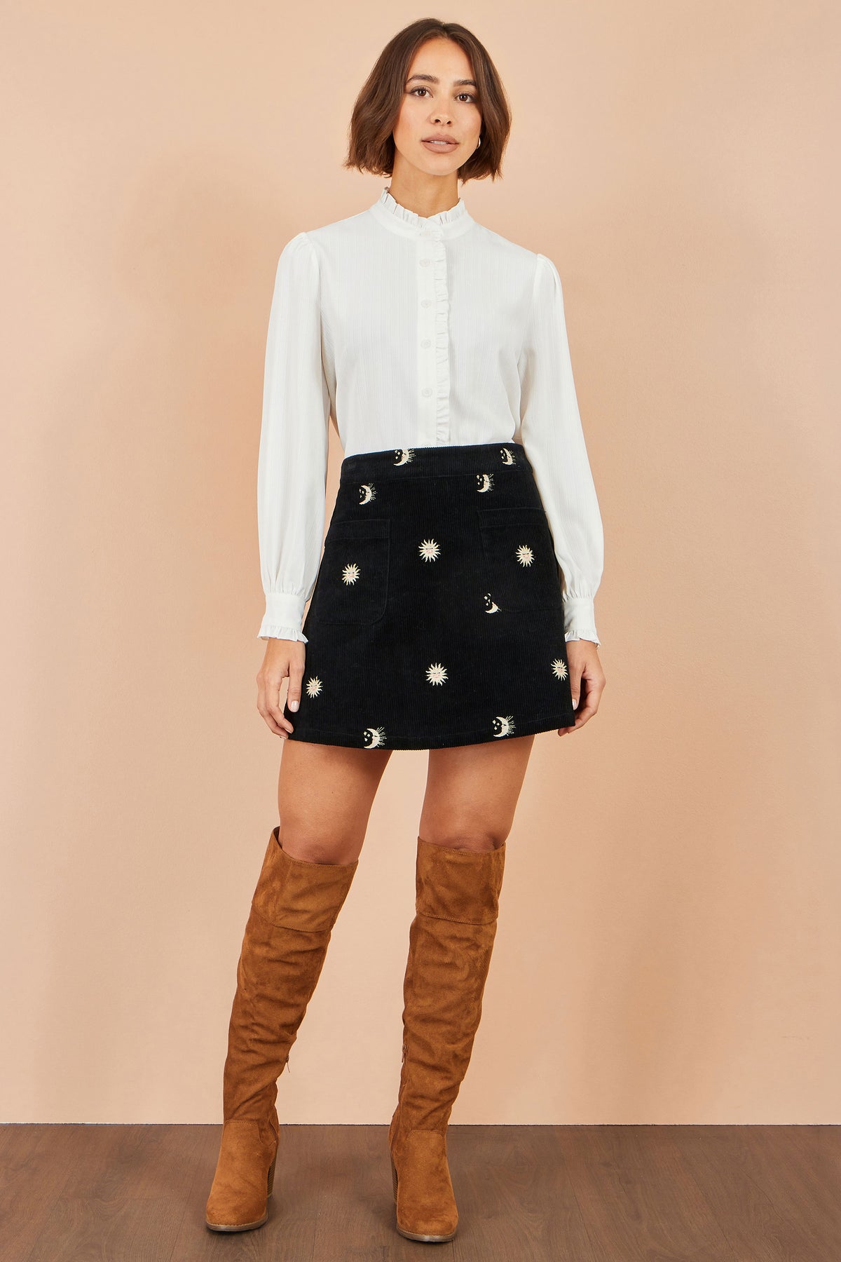 Yumi Black Cosmic Embroidered Mini Skirt SKIRT Yumi