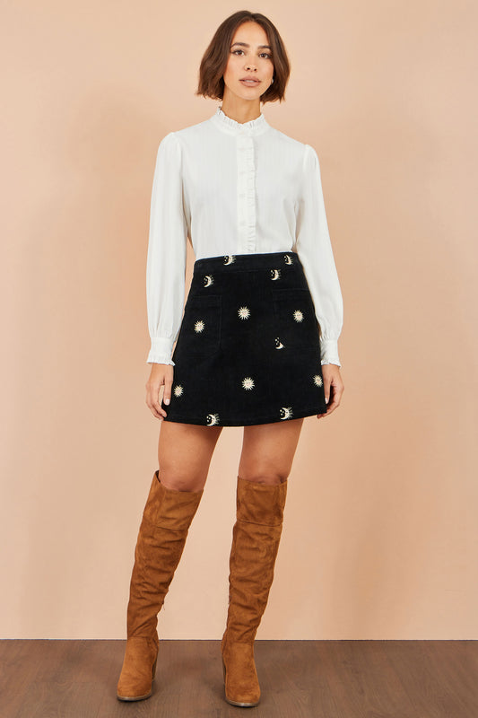 Yumi Black Cosmic Embroidered Mini Skirt SKIRT Yumi