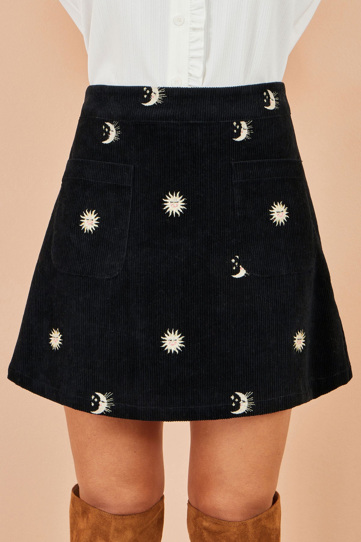 Yumi Black Cosmic Embroidered Mini Skirt SKIRT Yumi