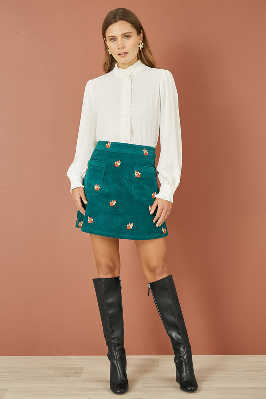 Yumi Teal Fox Embroidered Cord Mini Skirt Yumi