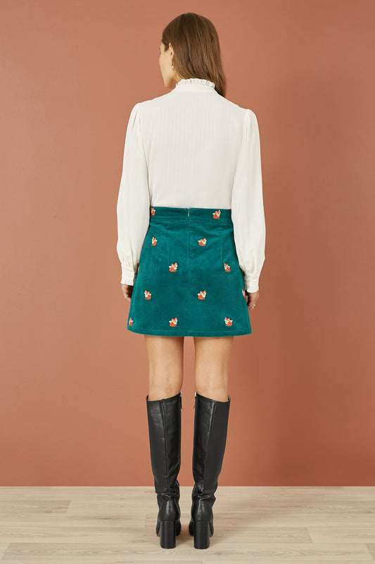 Yumi Teal Fox Embroidered Cord Mini Skirt Yumi