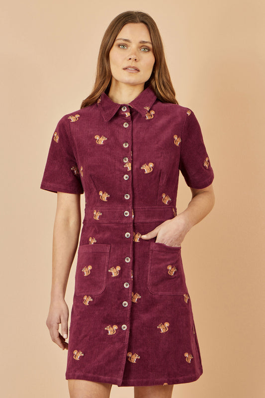 Yumi Burgundy Cord Shirt Dress With All Over Squirrel Embroidery Dress Casual Yumi