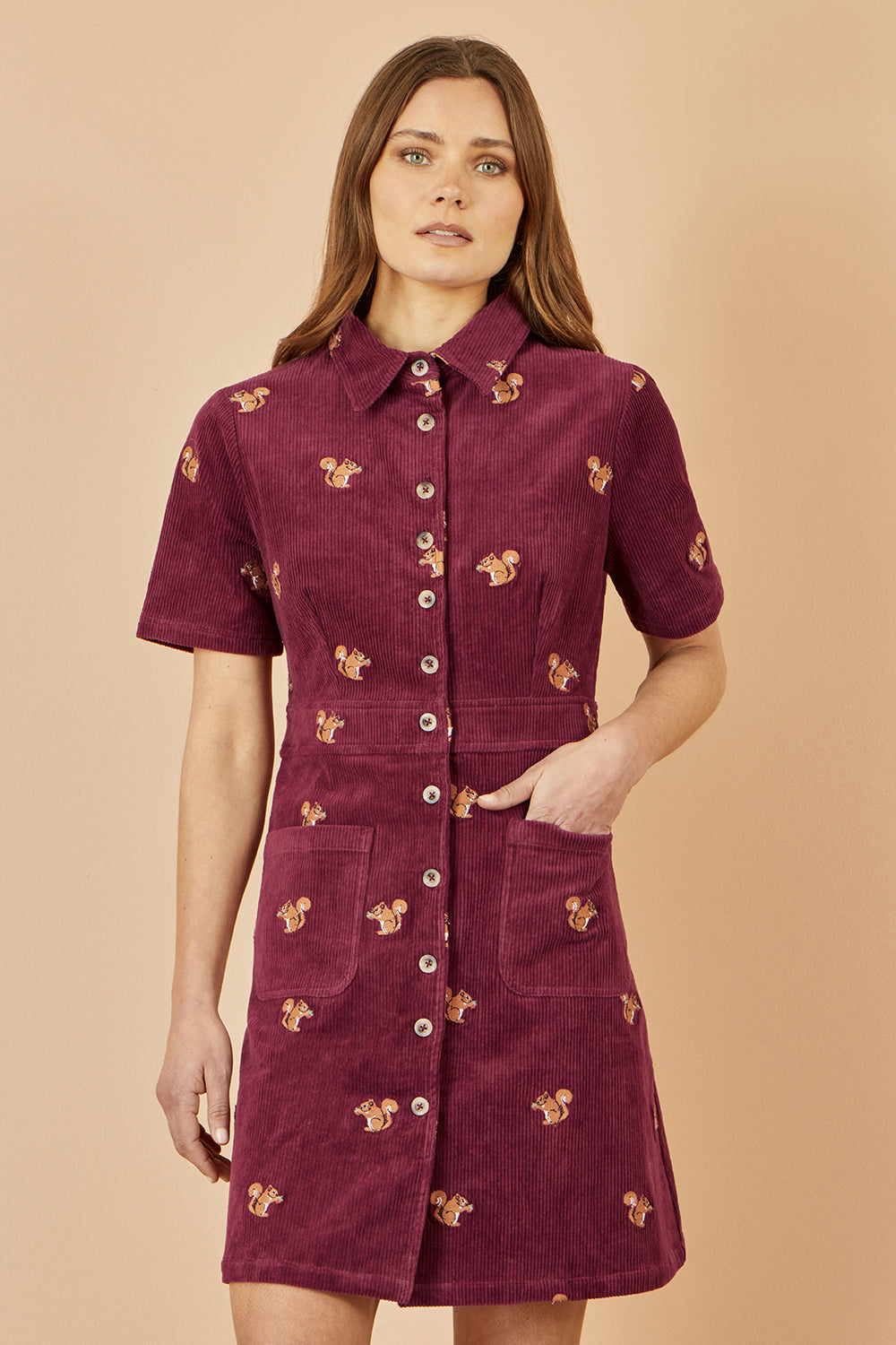 Yumi Burgundy Cord Shirt Dress With All Over Squirrel Embroidery Dress Casual Yumi