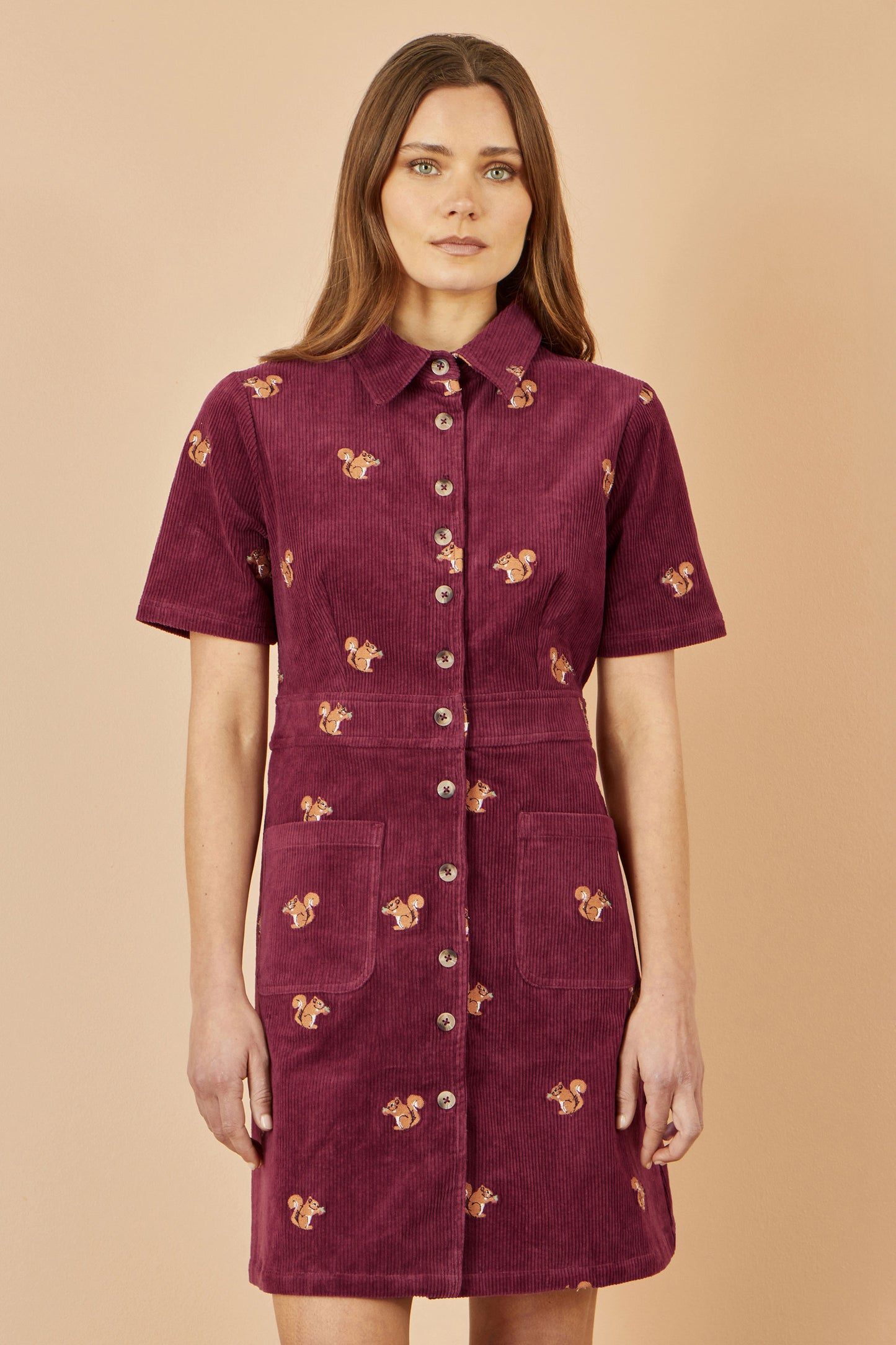 Yumi Burgundy Cord Shirt Dress With All Over Squirrel Embroidery Dress Casual Yumi