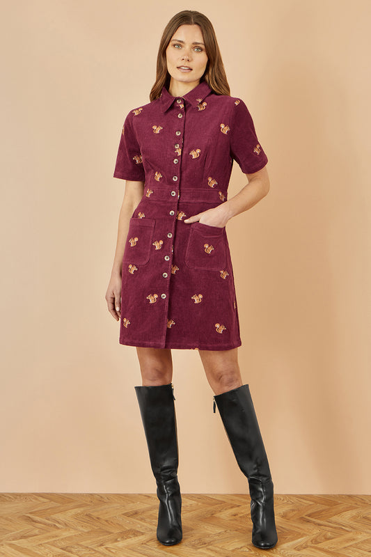 Yumi Burgundy Cord Shirt Dress With All Over Squirrel Embroidery Dress Casual Yumi