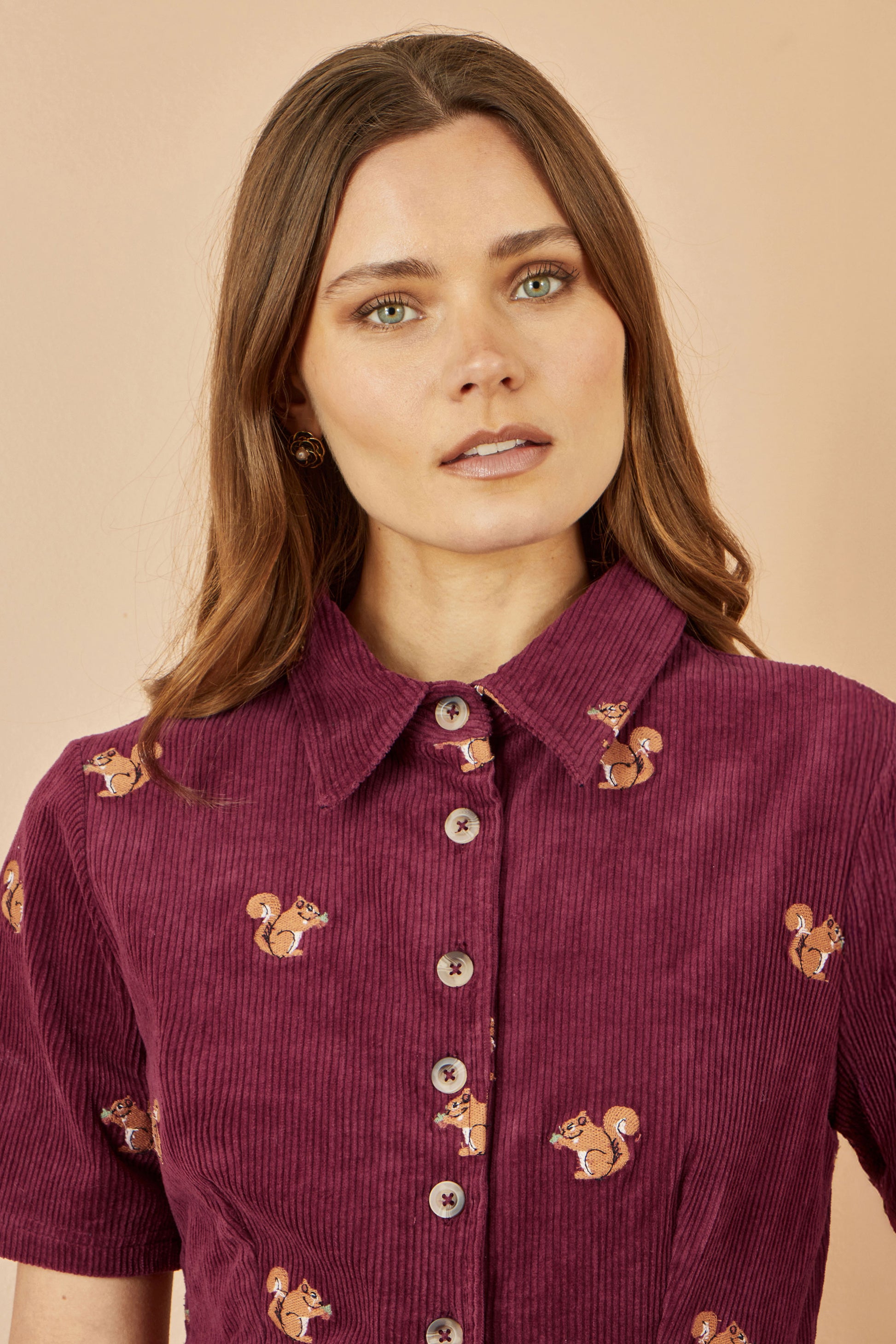 Yumi Burgundy Cord Shirt Dress With All Over Squirrel Embroidery Dress Casual Yumi