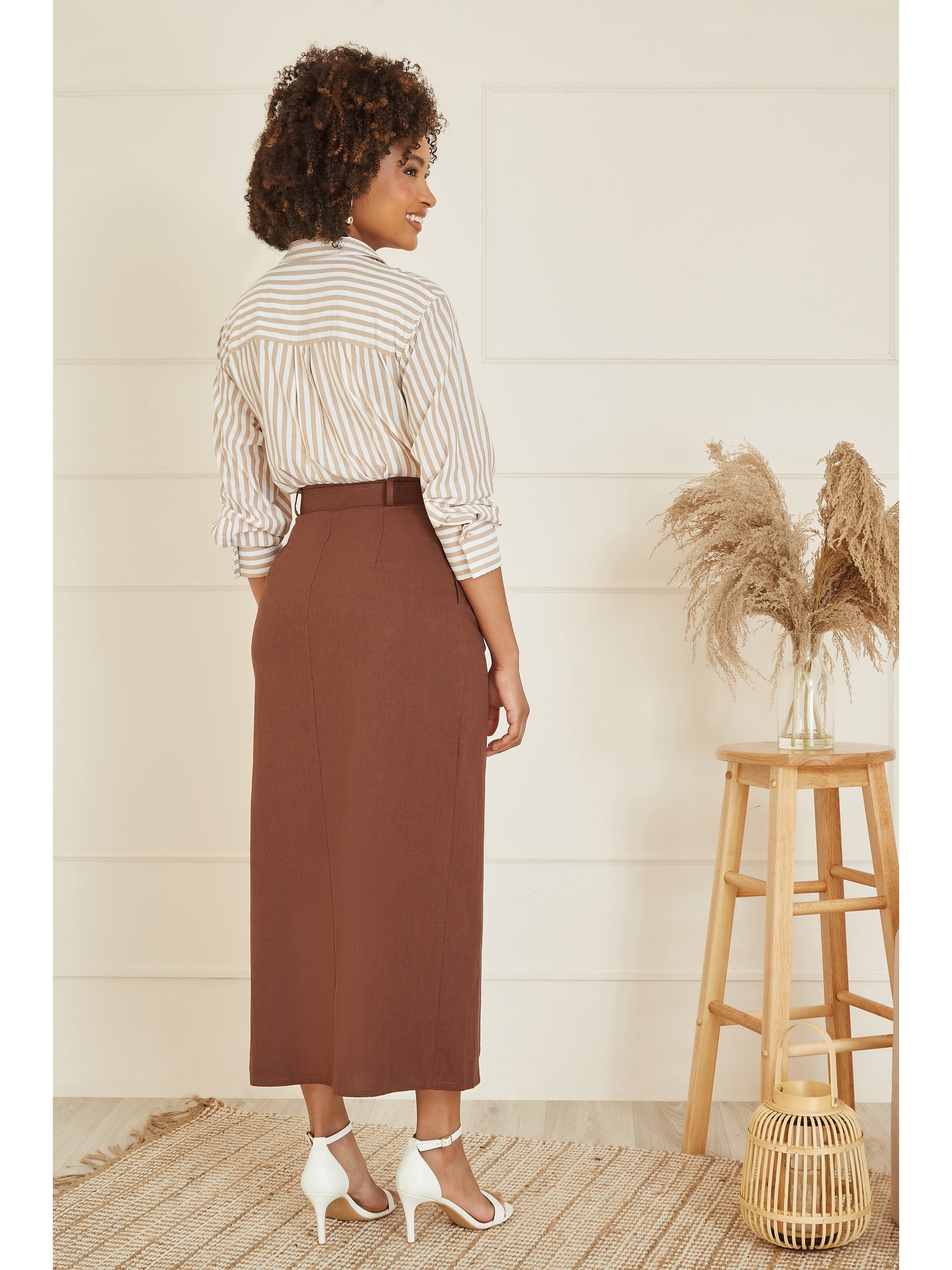 Yumi Brown Cotton Midi Skirt With Belt And Split Hem Yumi