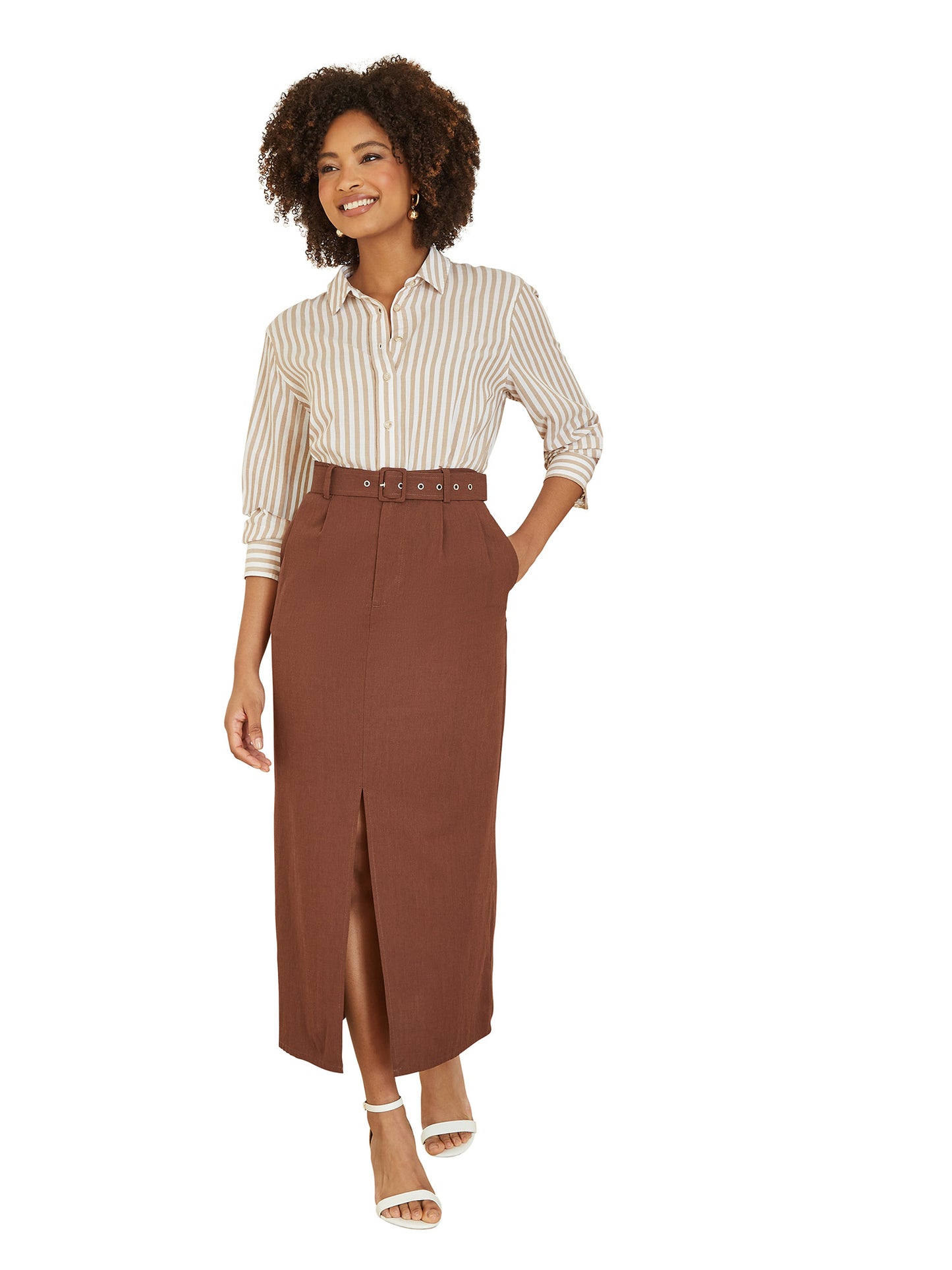 Yumi Brown Cotton Midi Skirt With Belt And Split Hem Yumi