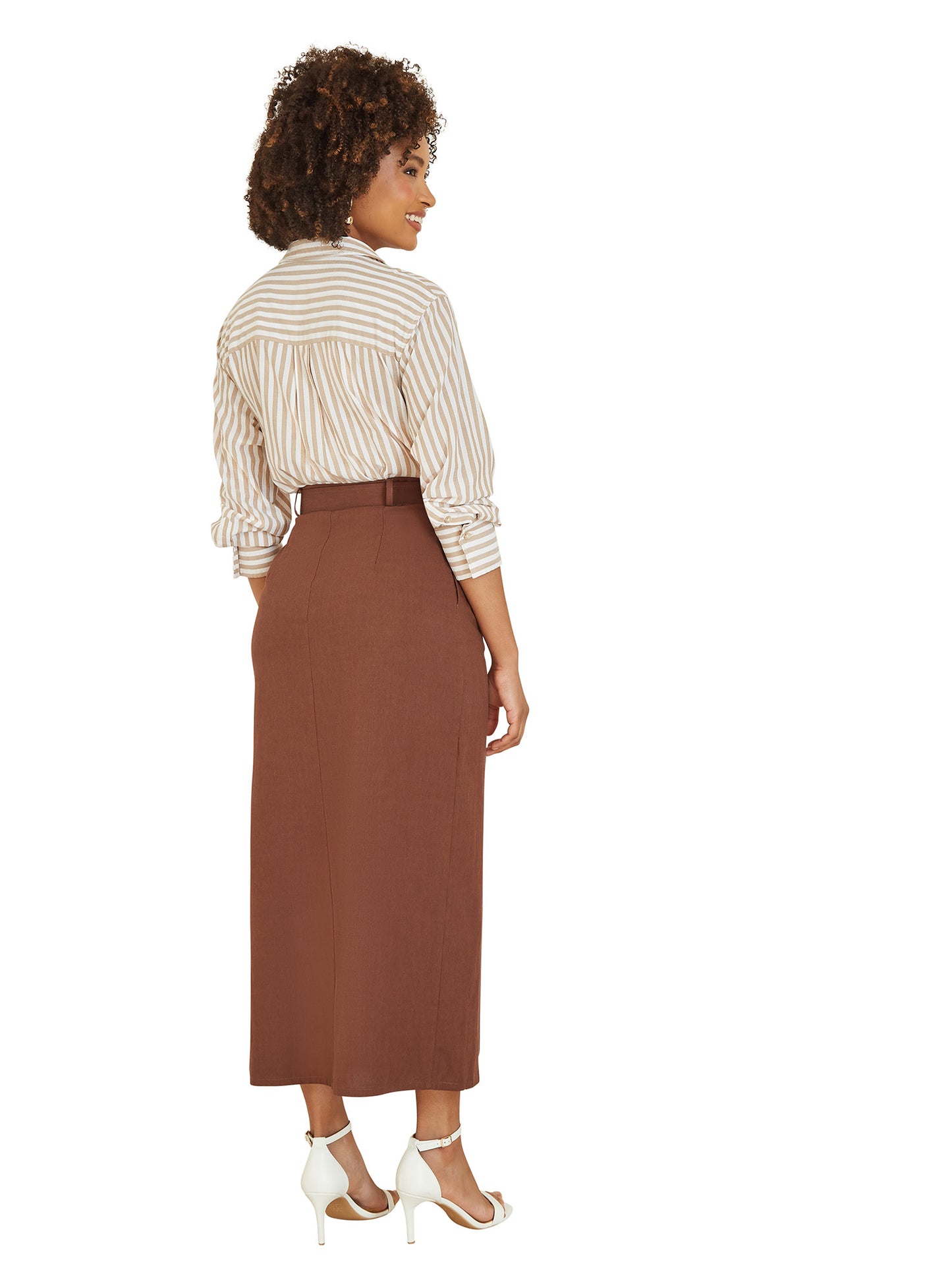Yumi Brown Cotton Midi Skirt With Belt And Split Hem Yumi