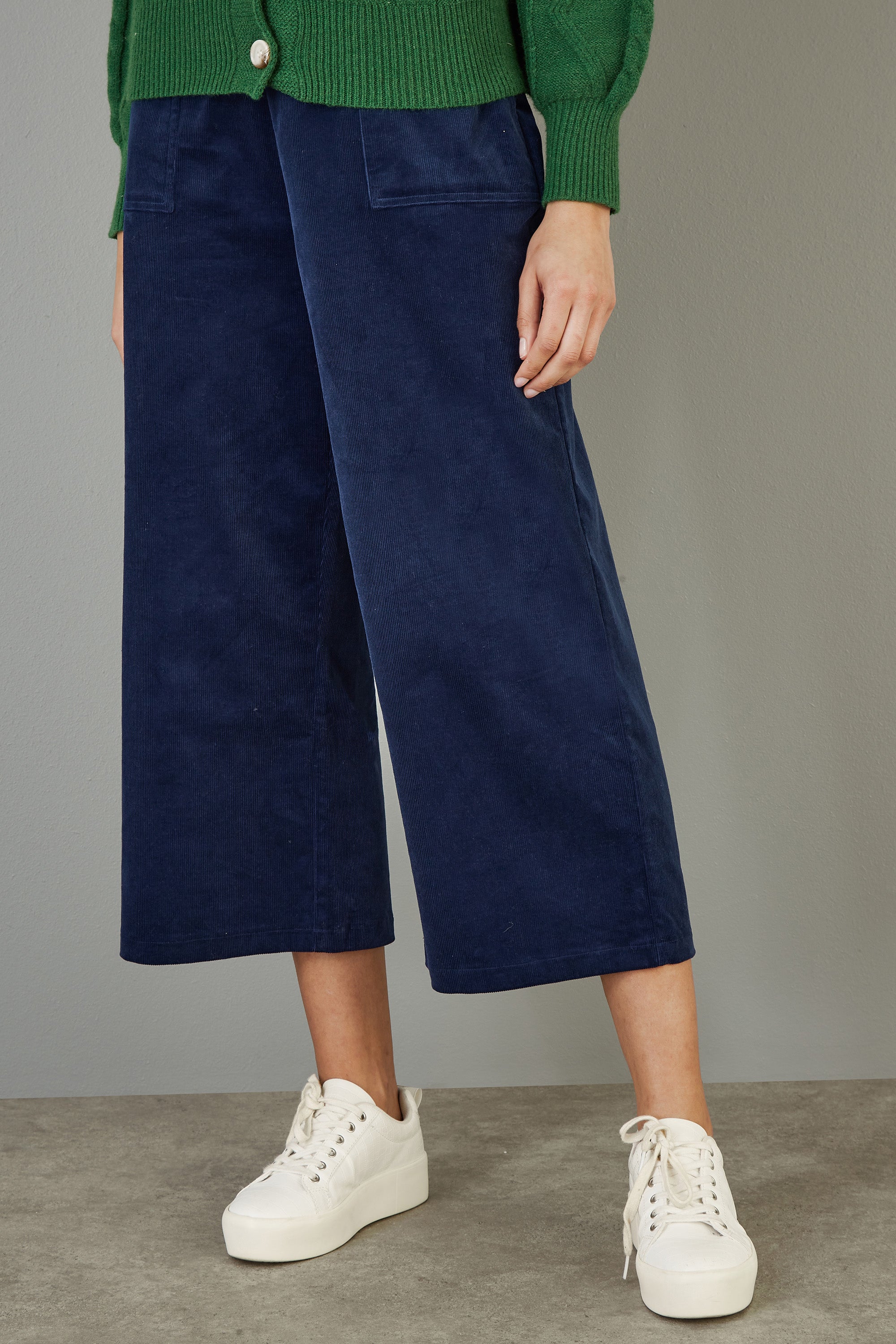 Cord Cropped Wide Leg Trousers Pockets