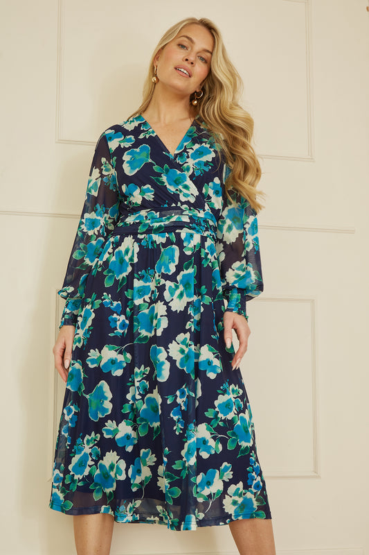 Yumi Blue Floral Mesh Wrap Dress With Long Sleeves Yumi