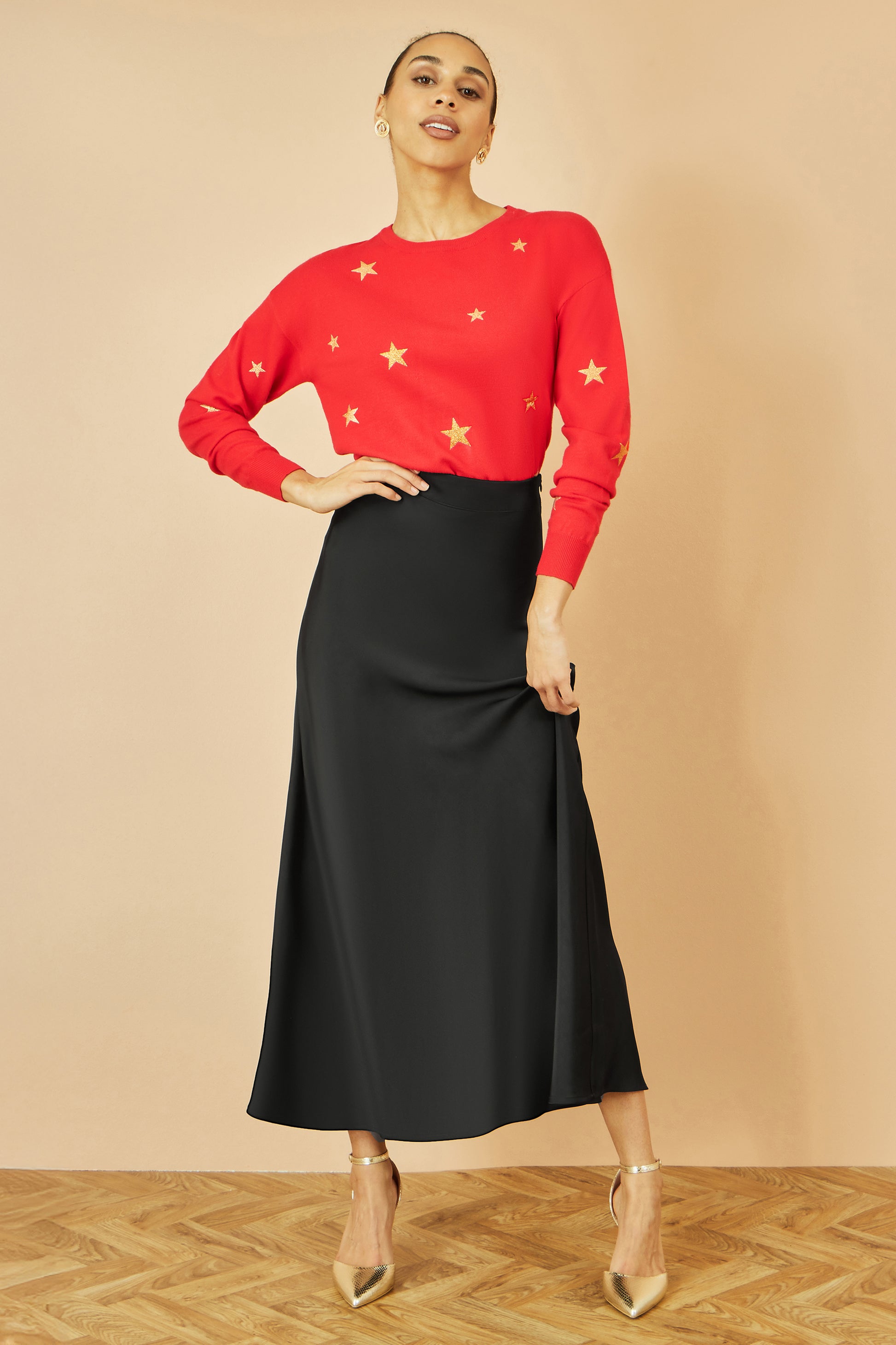 Yumi Black Satin Midi Skirt Yumi