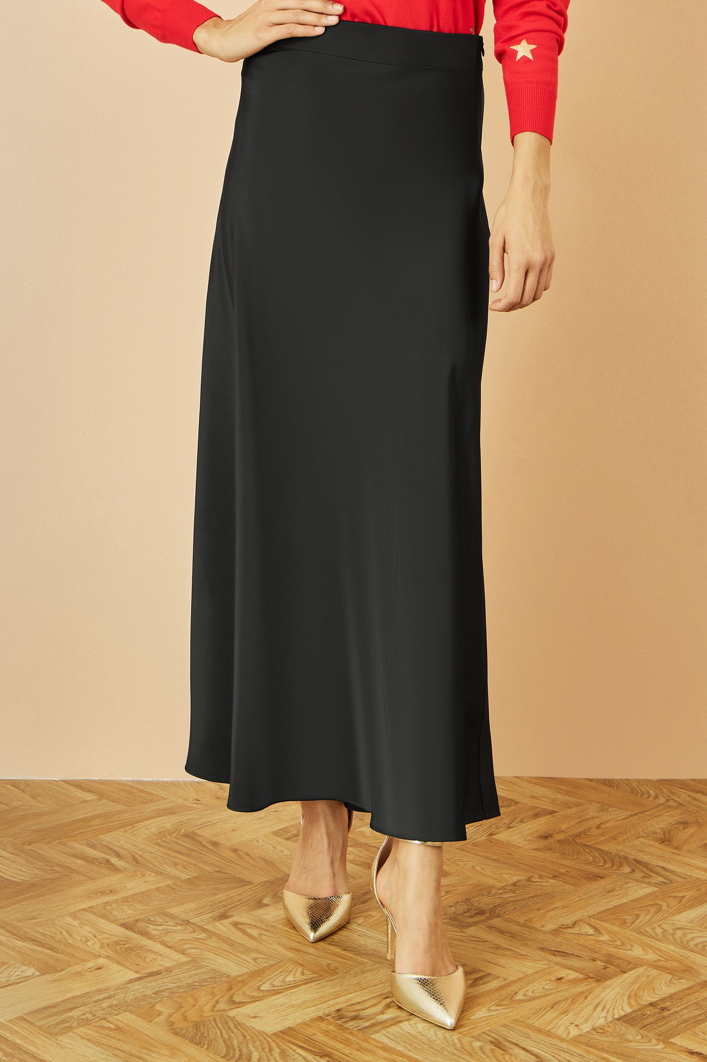 Yumi Black Satin Midi Skirt Yumi