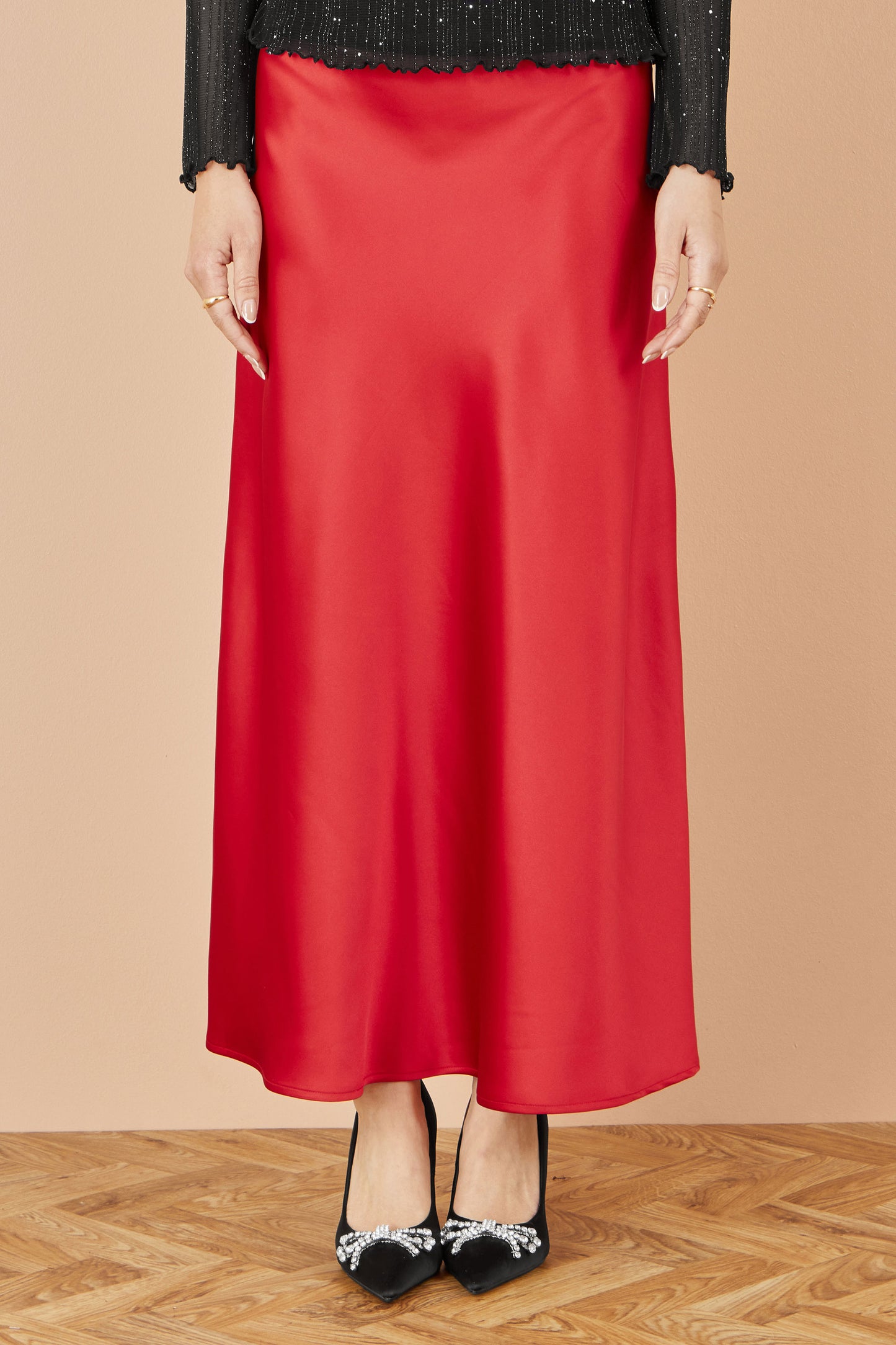 Yumi Red Satin Midi Skirt Skirts Yumi