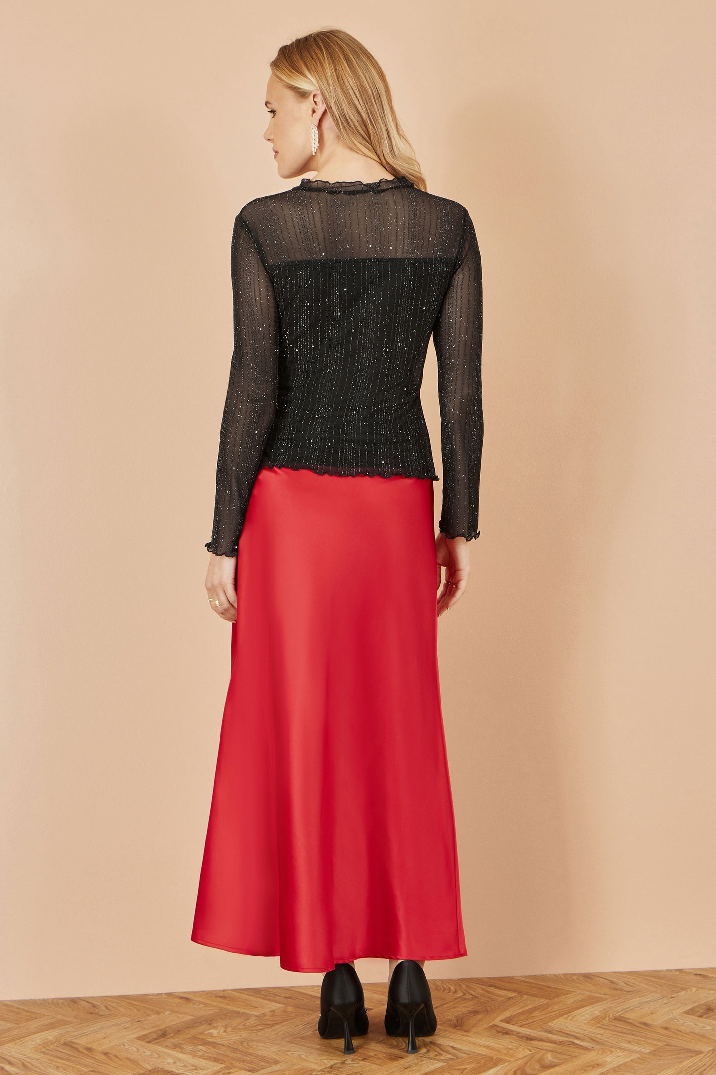 Yumi Red Satin Midi Skirt Skirts Yumi