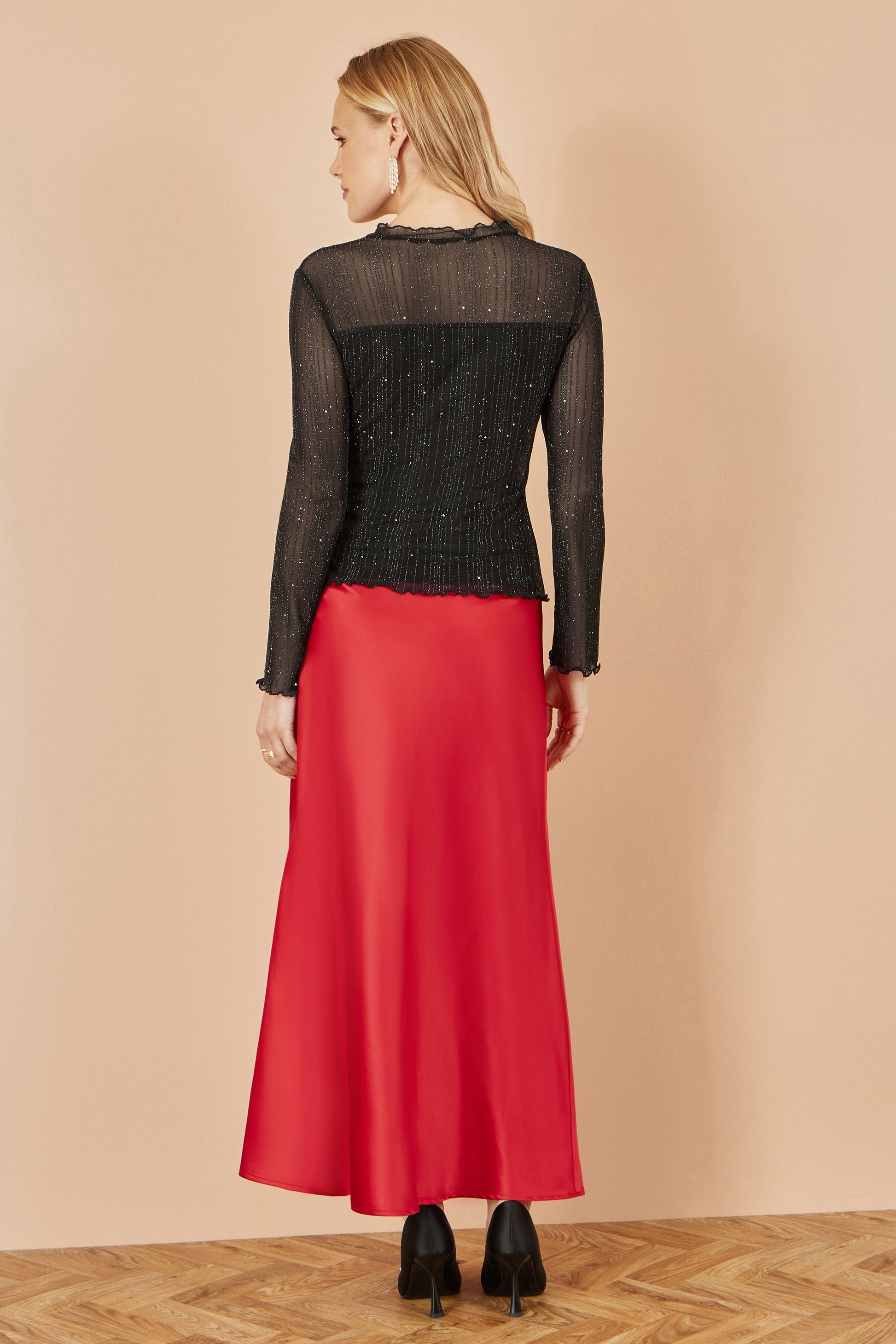 Yumi Red Satin Midi Skirt Skirts Yumi