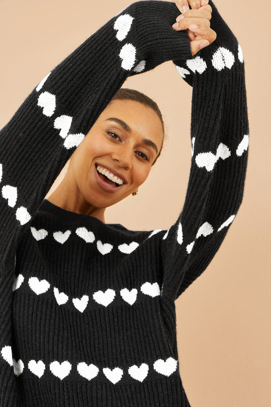 Yumi Black Knitted Jumper With Heart Stripes Knit Jumper Yumi