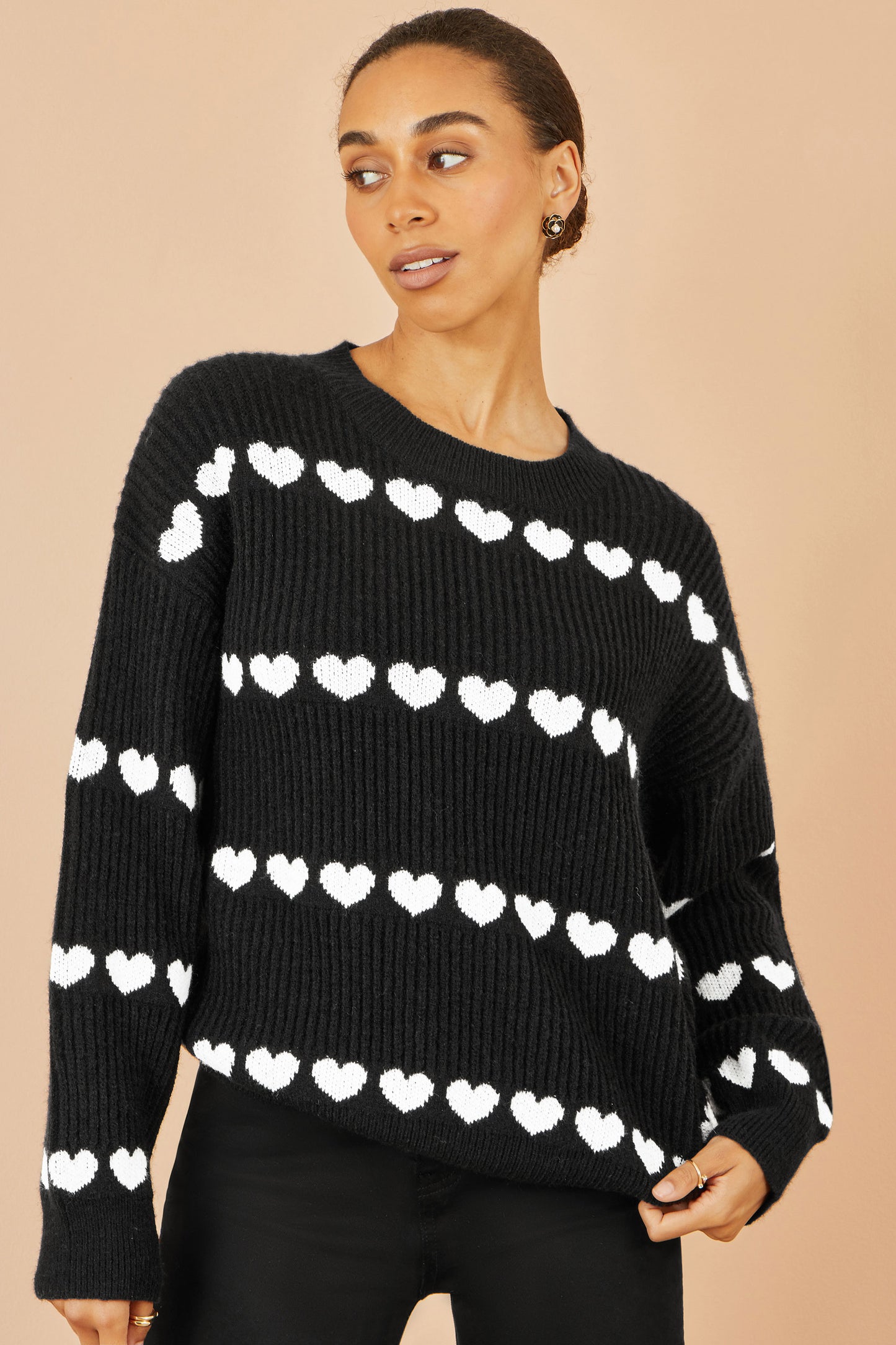 Yumi Black Knitted Jumper With Heart Stripes Knit Jumper Yumi