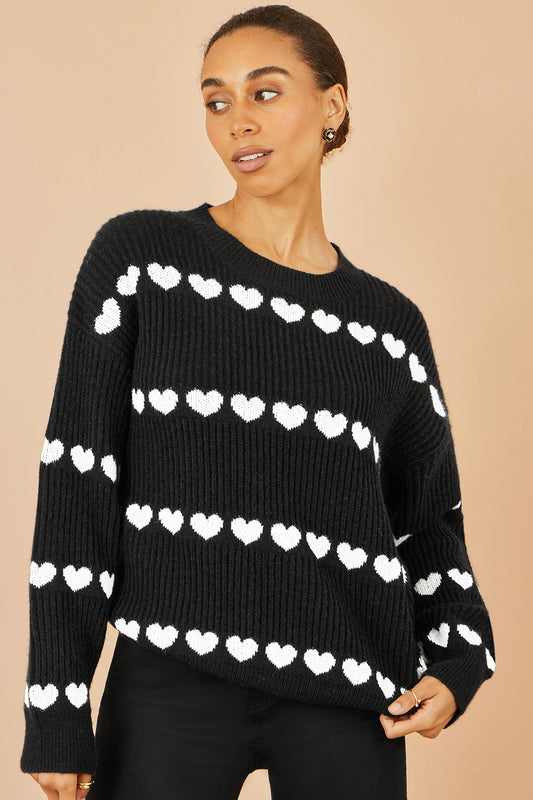 Yumi Black Knitted Jumper With Heart Stripes Knit Jumper Yumi
