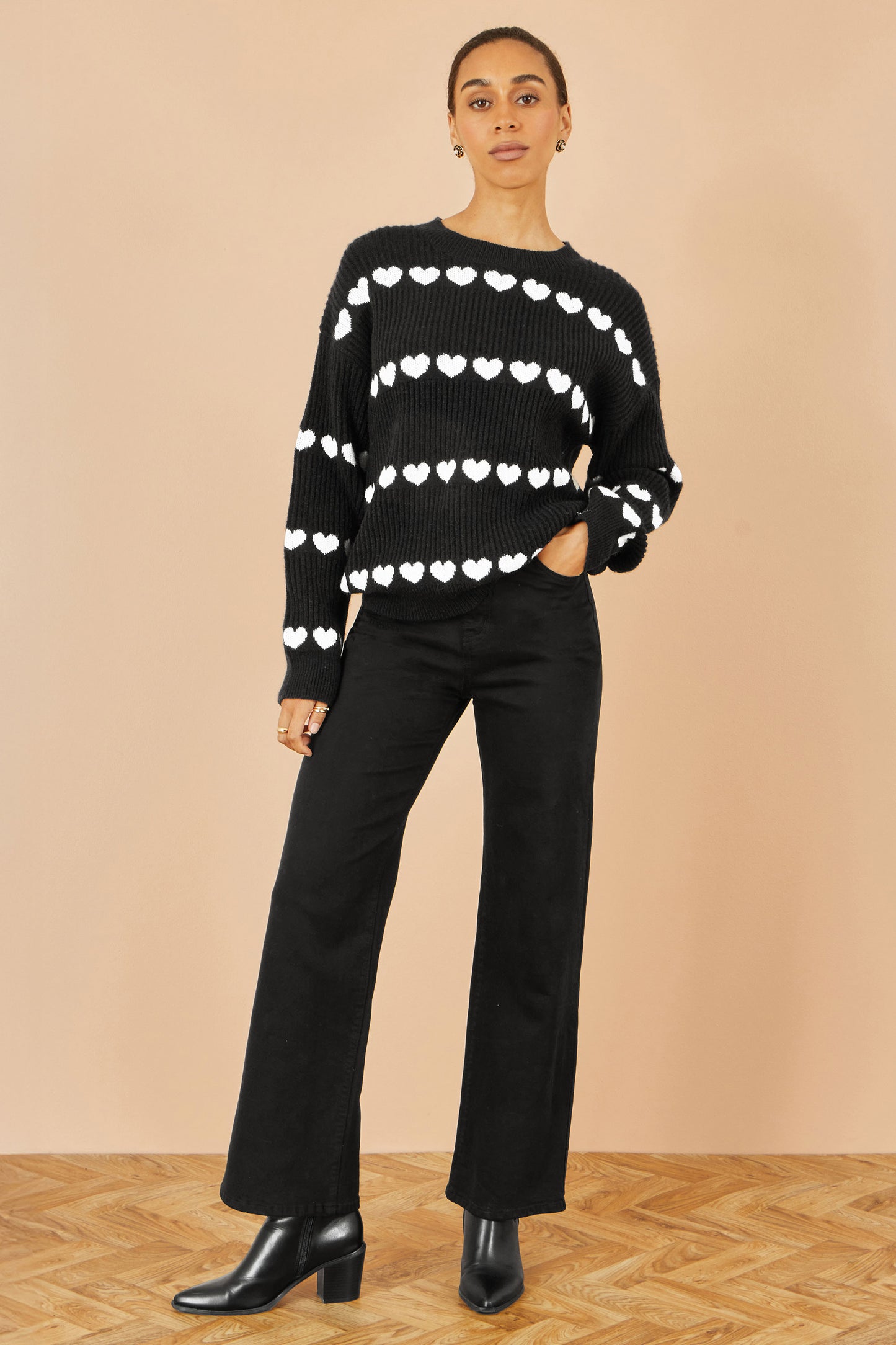 Yumi Black Knitted Jumper With Heart Stripes Knit Jumper Yumi