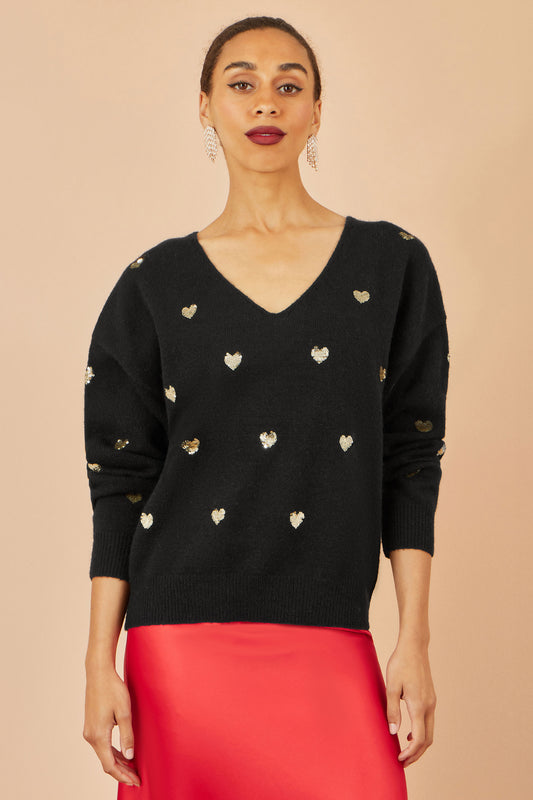 Yumi Black Sequin Heart V Neck Jumper Knit Xmas Jumper Yumi