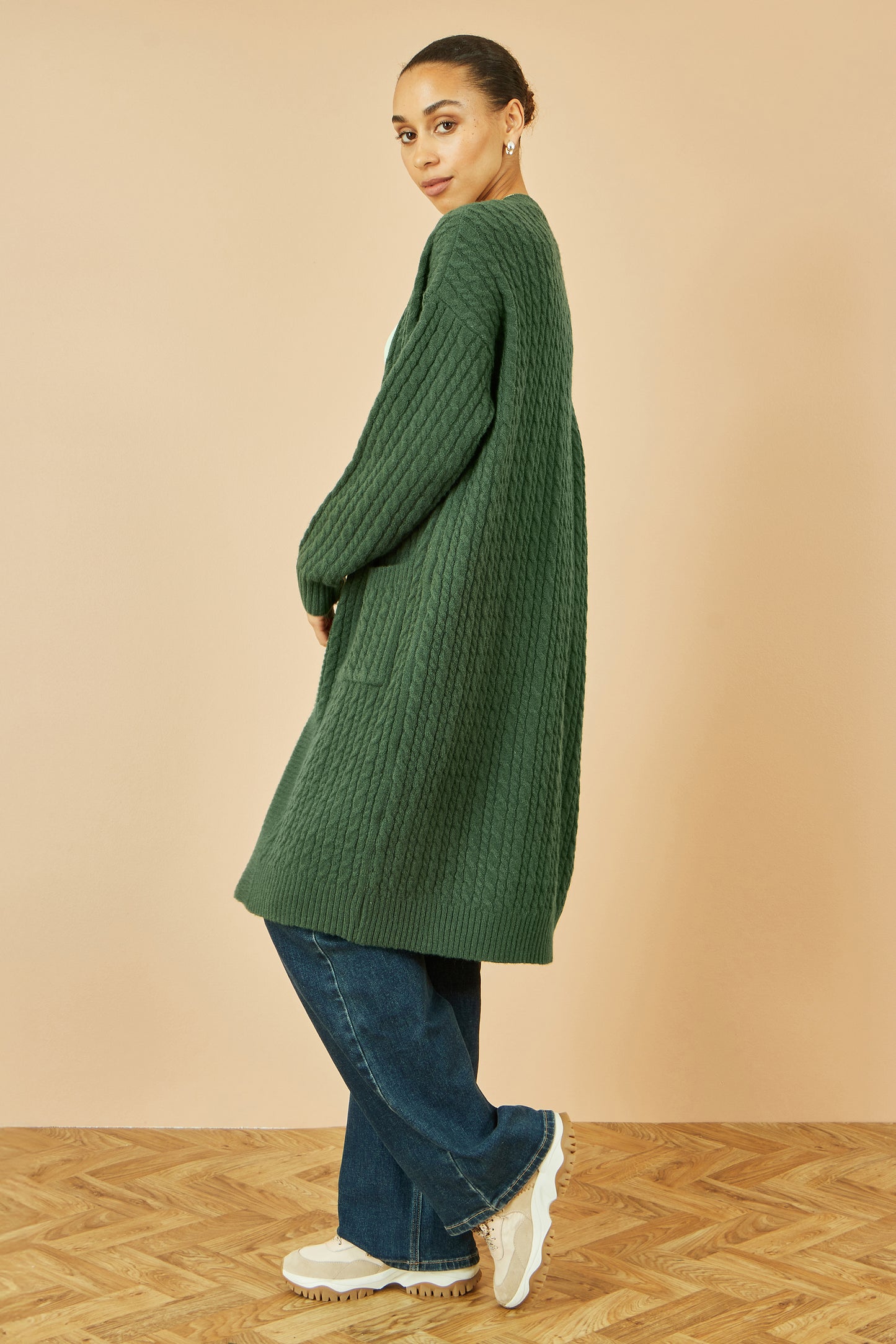 Yumi Green Cable Knit Edge to Edge Long Cardigan With Pockets Knit Cardigan Yumi