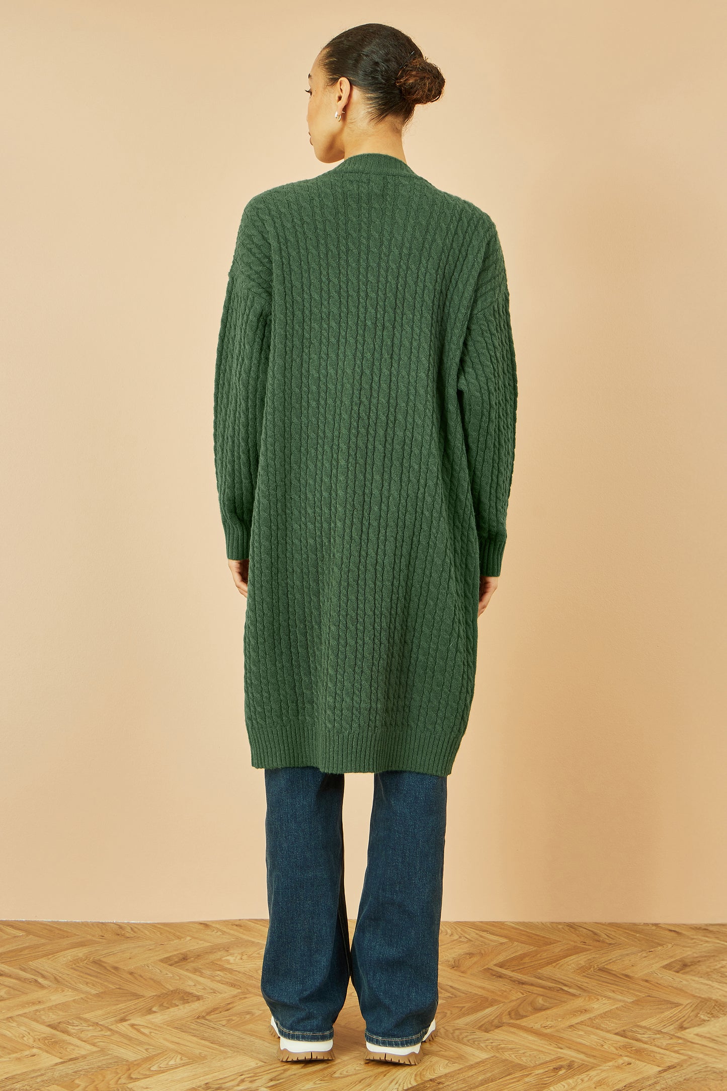Yumi Green Cable Knit Edge to Edge Long Cardigan With Pockets Knit Cardigan Yumi